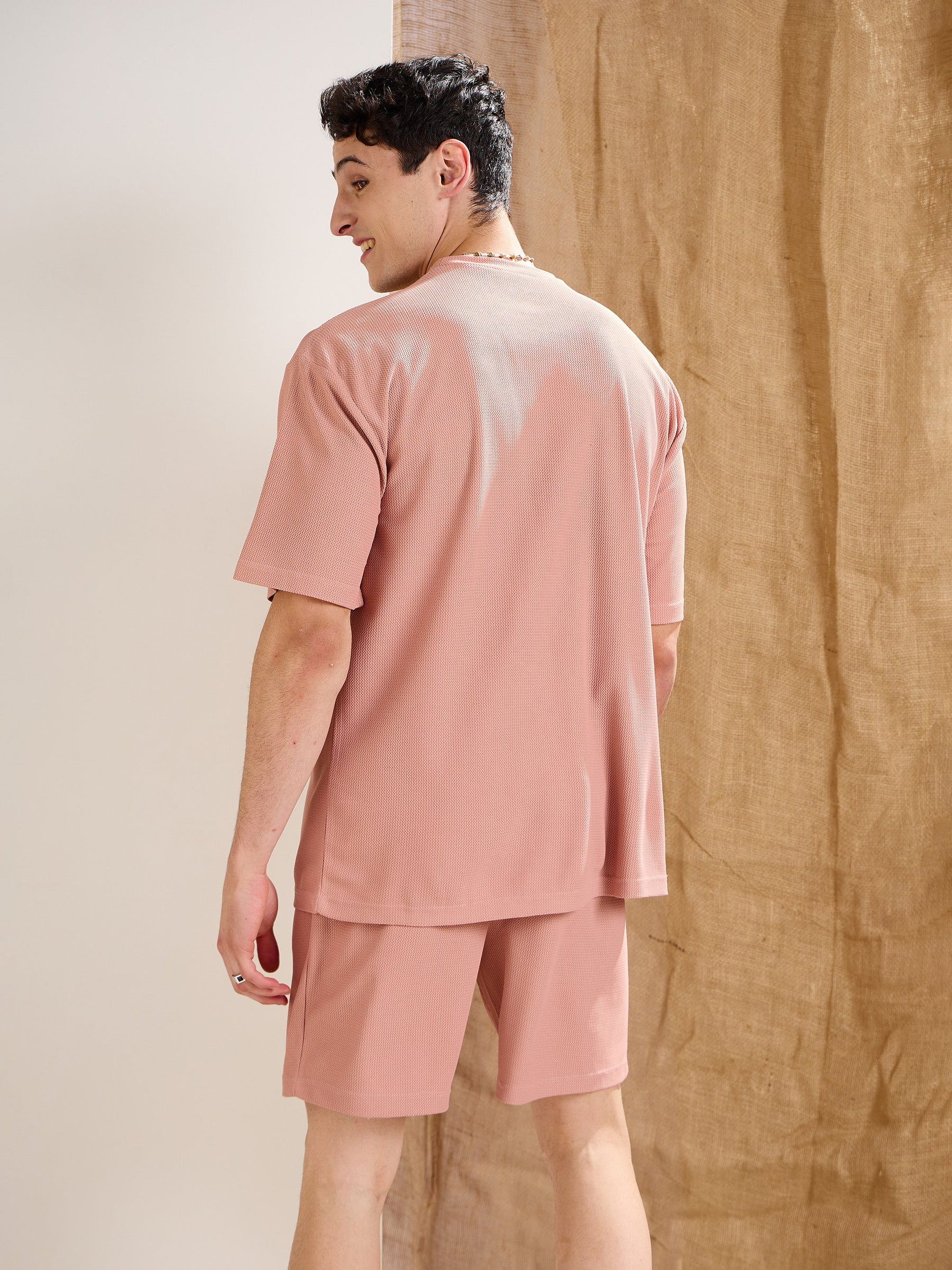 Pink Waffle Straight Fit Shorts-MASCLN SASSAFRAS