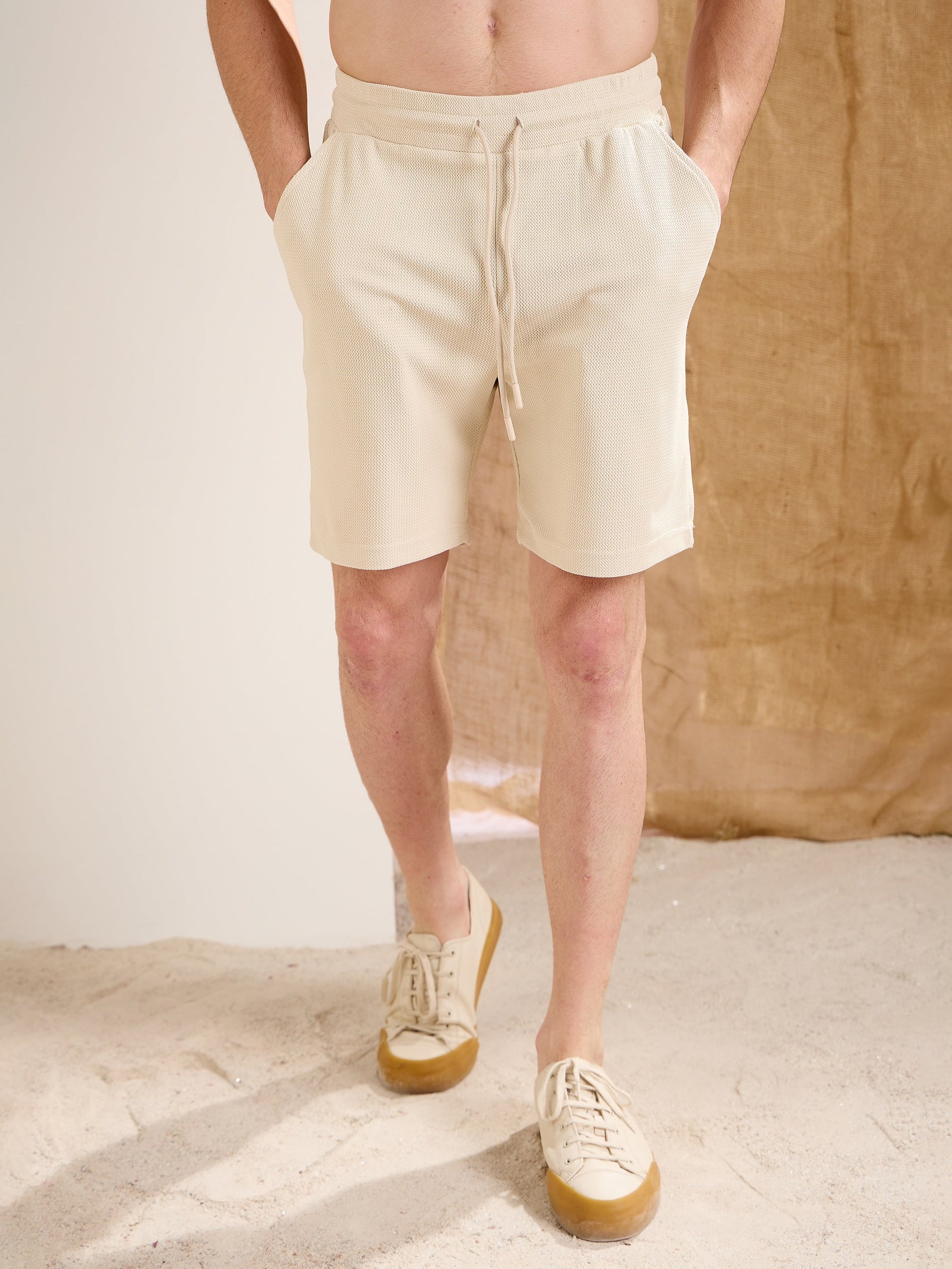 Beige Waffle Straight Fit Shorts-MASCLN SASSAFRAS