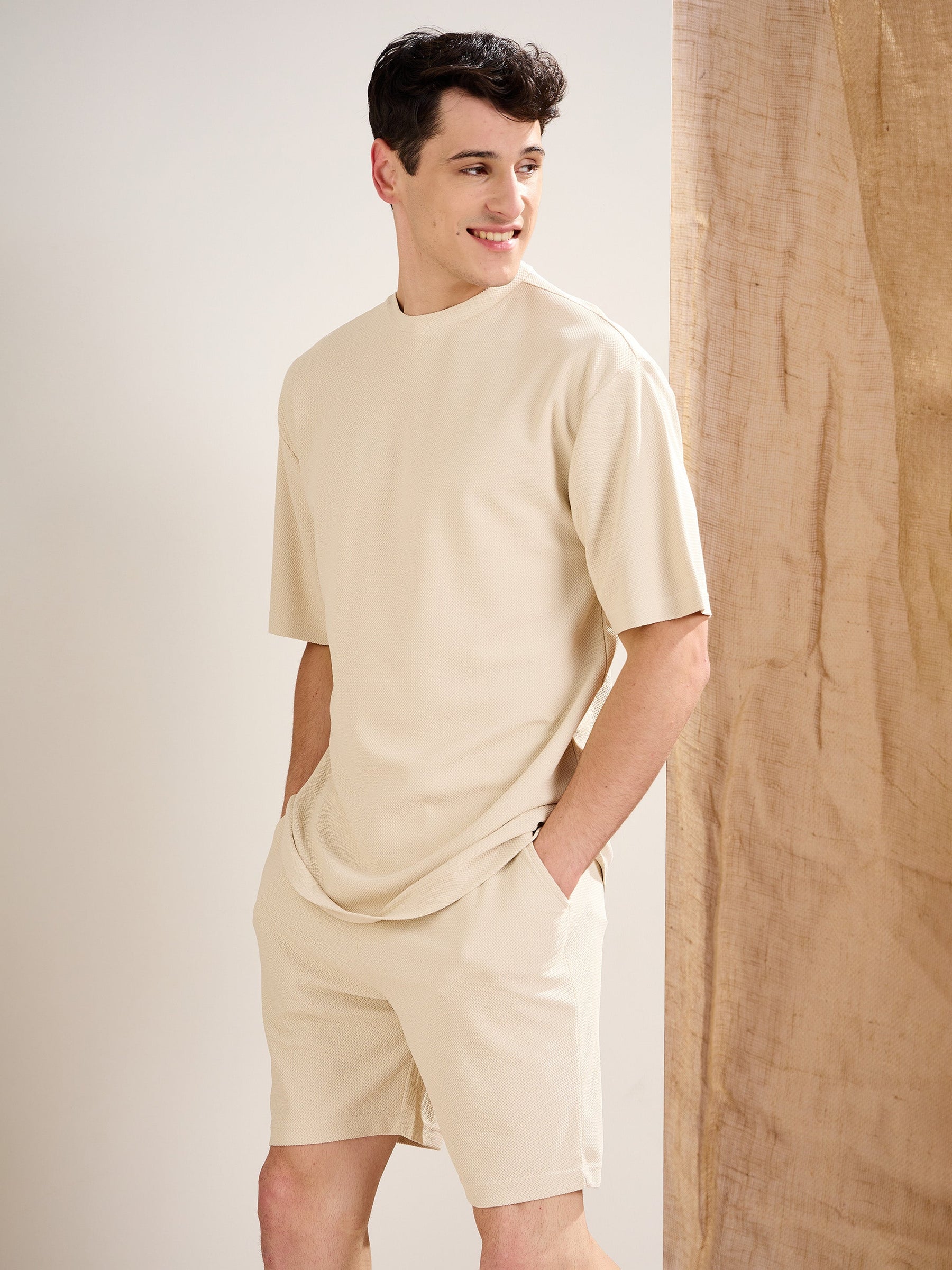 Beige Waffle Straight Fit Shorts-MASCLN SASSAFRAS