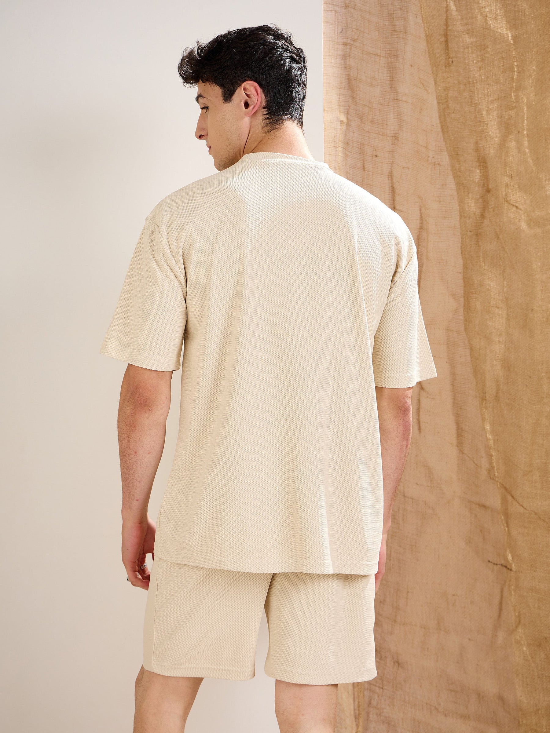 Beige Waffle Straight Fit Shorts-MASCLN SASSAFRAS