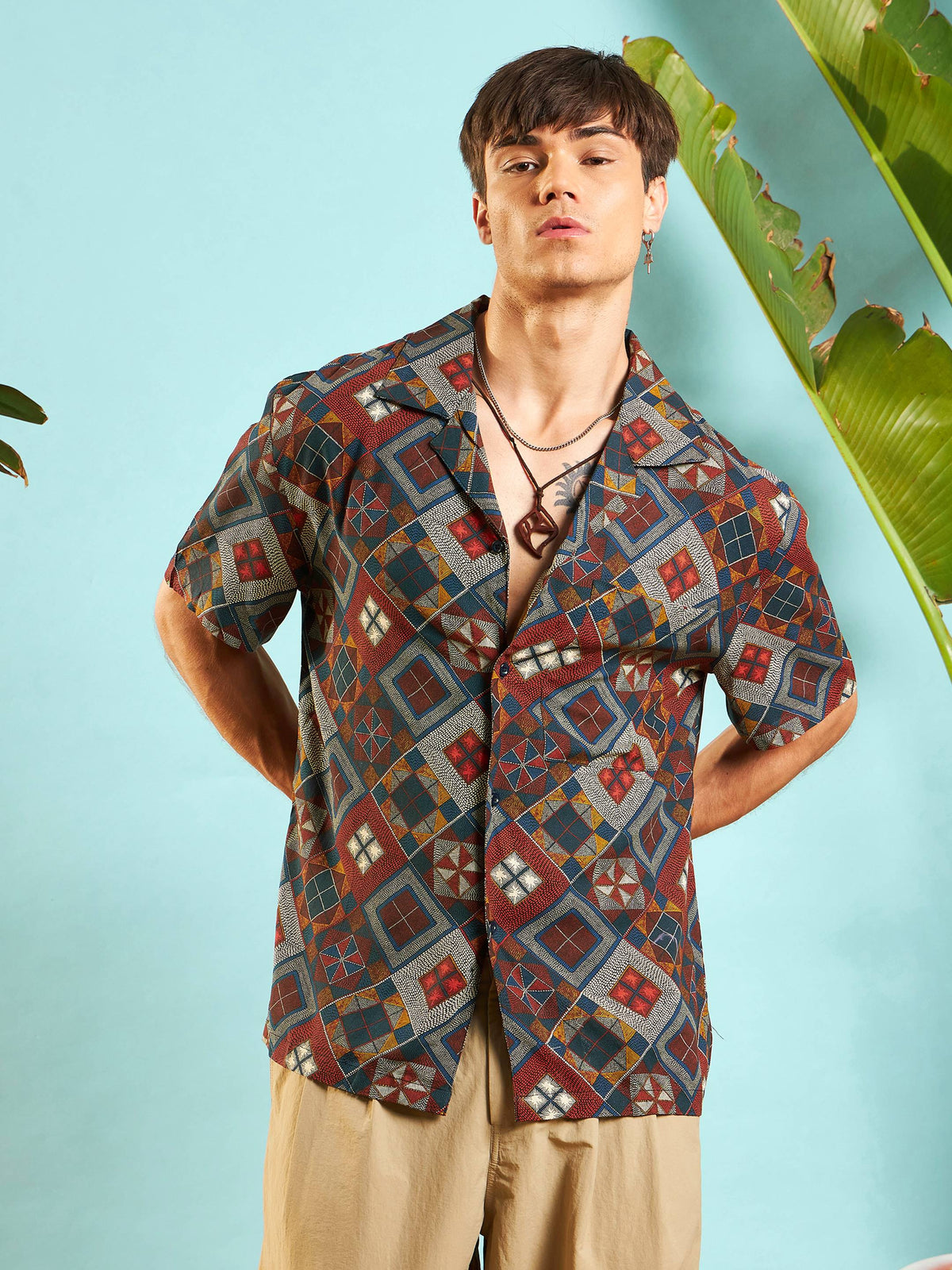 Rust Geometric Relax Fit Shirt-MASCLN SASSAFRAS