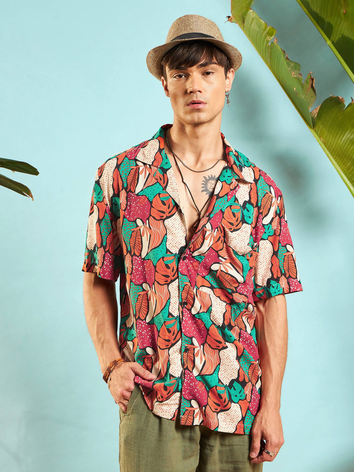 Orange Multi Colour Tropical Print Relax Fit Shirt-MASCLN SASSAFRAS