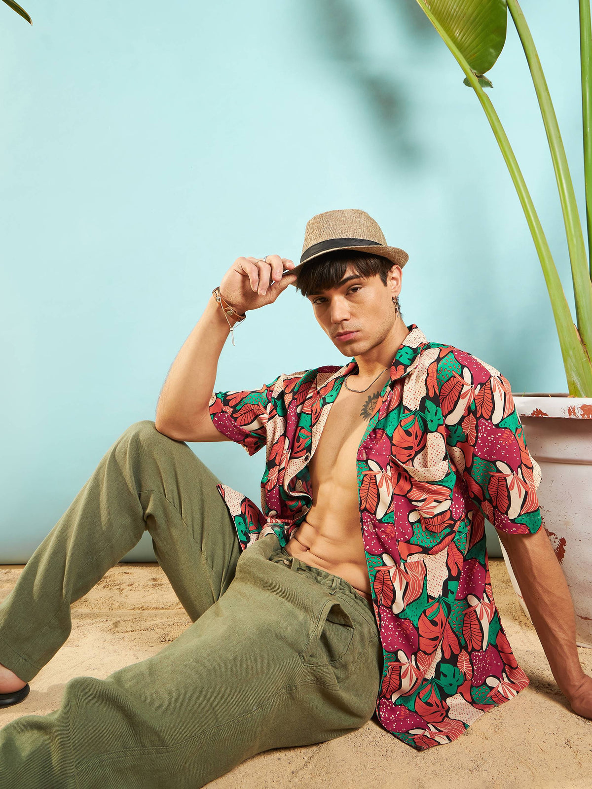 Orange Multi Colour Tropical Print Relax Fit Shirt-MASCLN SASSAFRAS