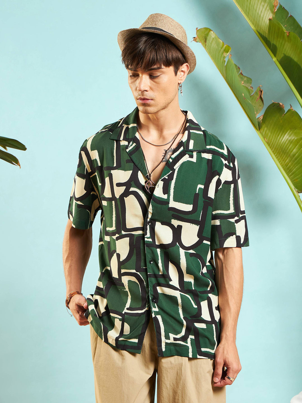 Green Abstract Print Relax Fit Shirt-MASCLN SASSAFRAS