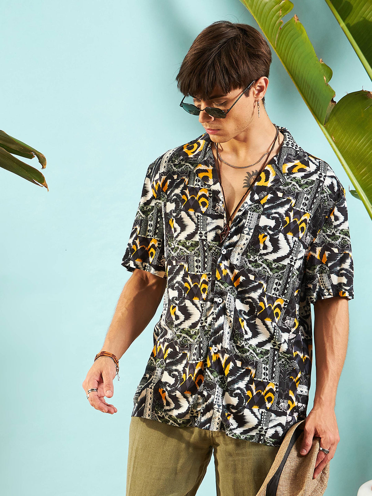 Grey & Black Conversational Print Relax Fit Shirt-MASCLN SASSAFRAS