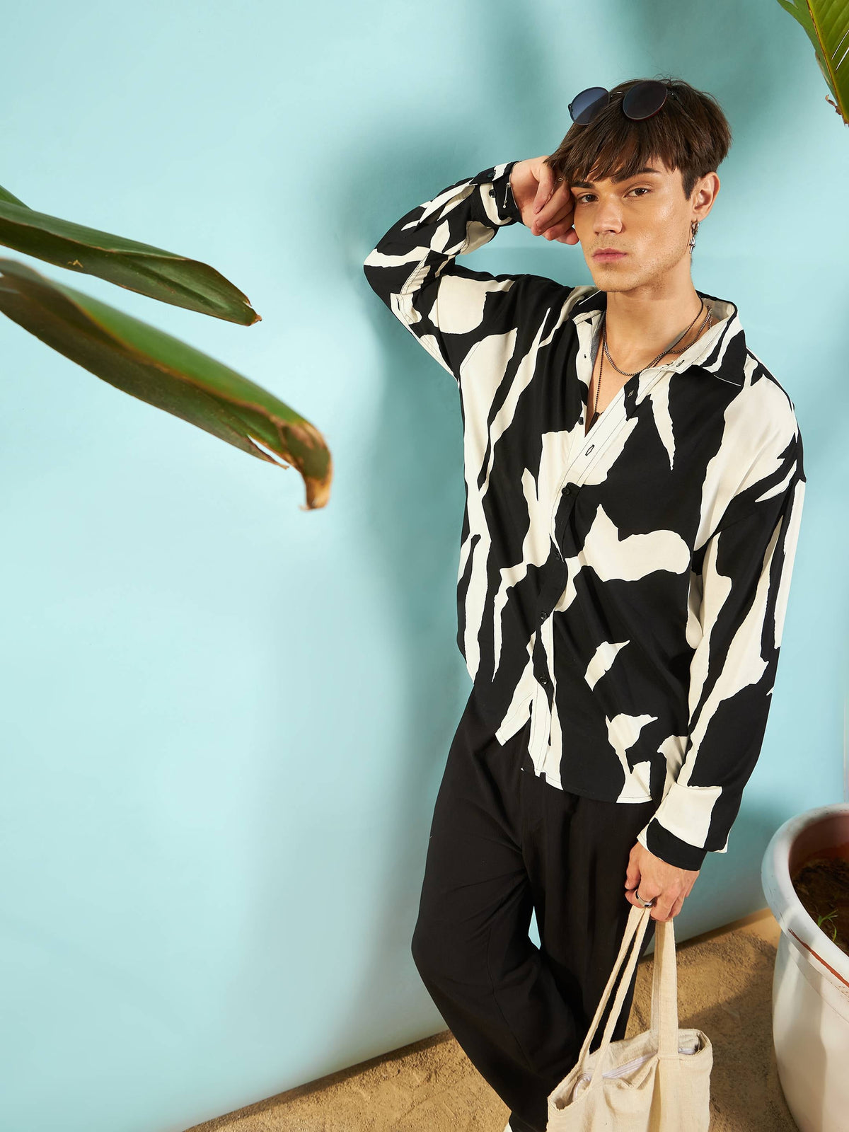 White & Black Abstract Print Relax Fit Shirt-MASCLN SASSAFRAS