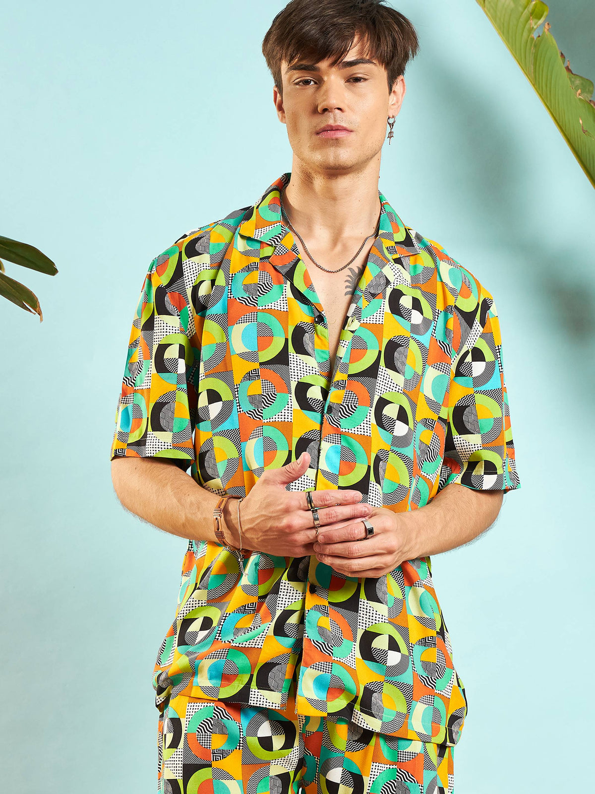 Green Multi Colour Geometric Relax Fit Shirt-MASCLN SASSAFRAS