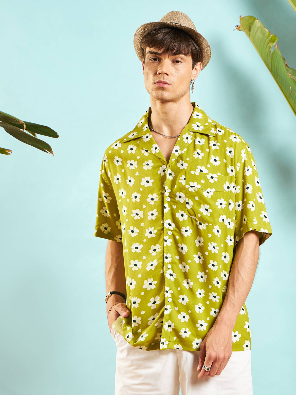 Green & White Floral Relax Fit Shirt-MASCLN SASSAFRAS