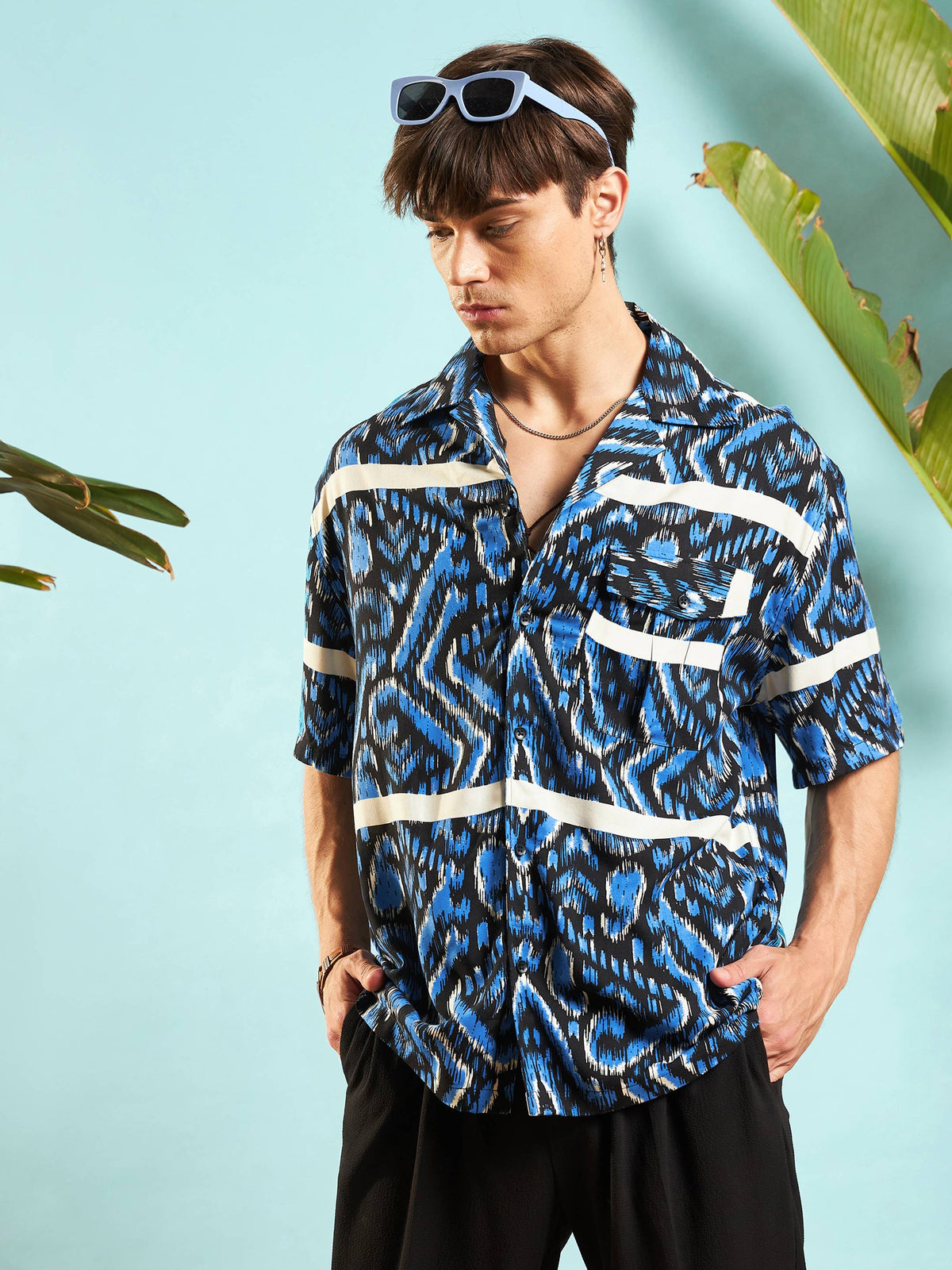 Blue Abstract Print Relax Fit Shirt-MASCLN SASSAFRAS