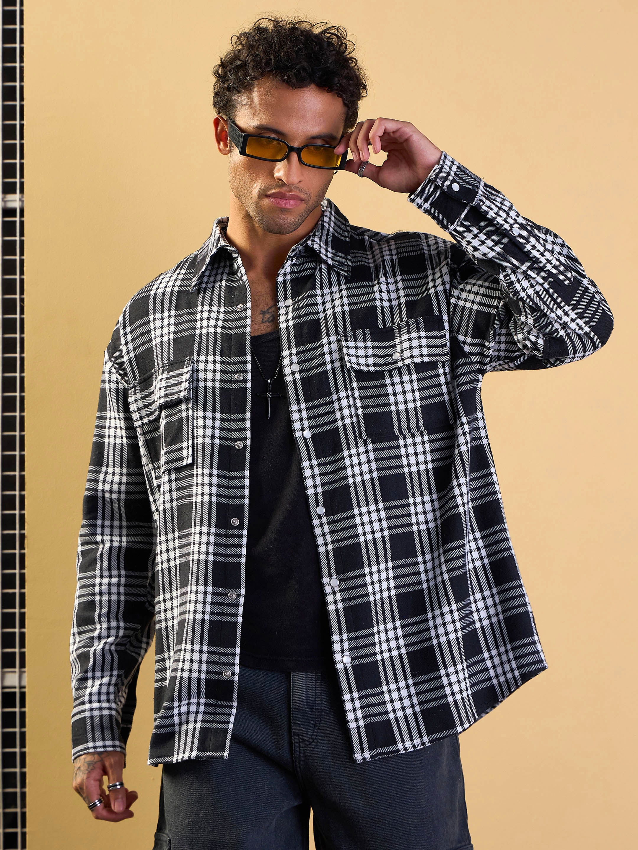 Buy Men Black White Check Flap Pocket Oversize Shirt Online At Best buy-men-black-white-check-flap-pocket-oversize-shirt-online-at-best