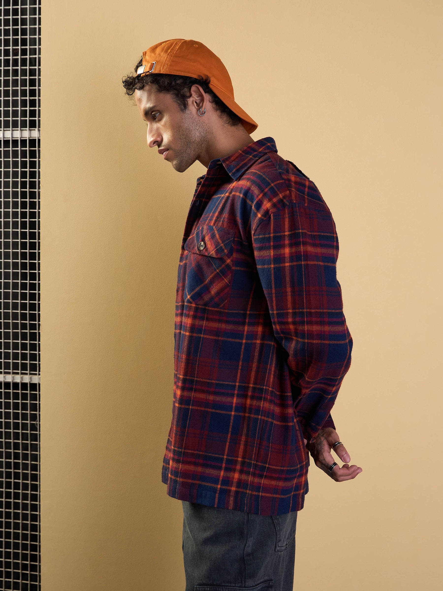 Rust & Blue Check GIANT Embroidery Oversize Shirt-MASCLN SASSAFRAS