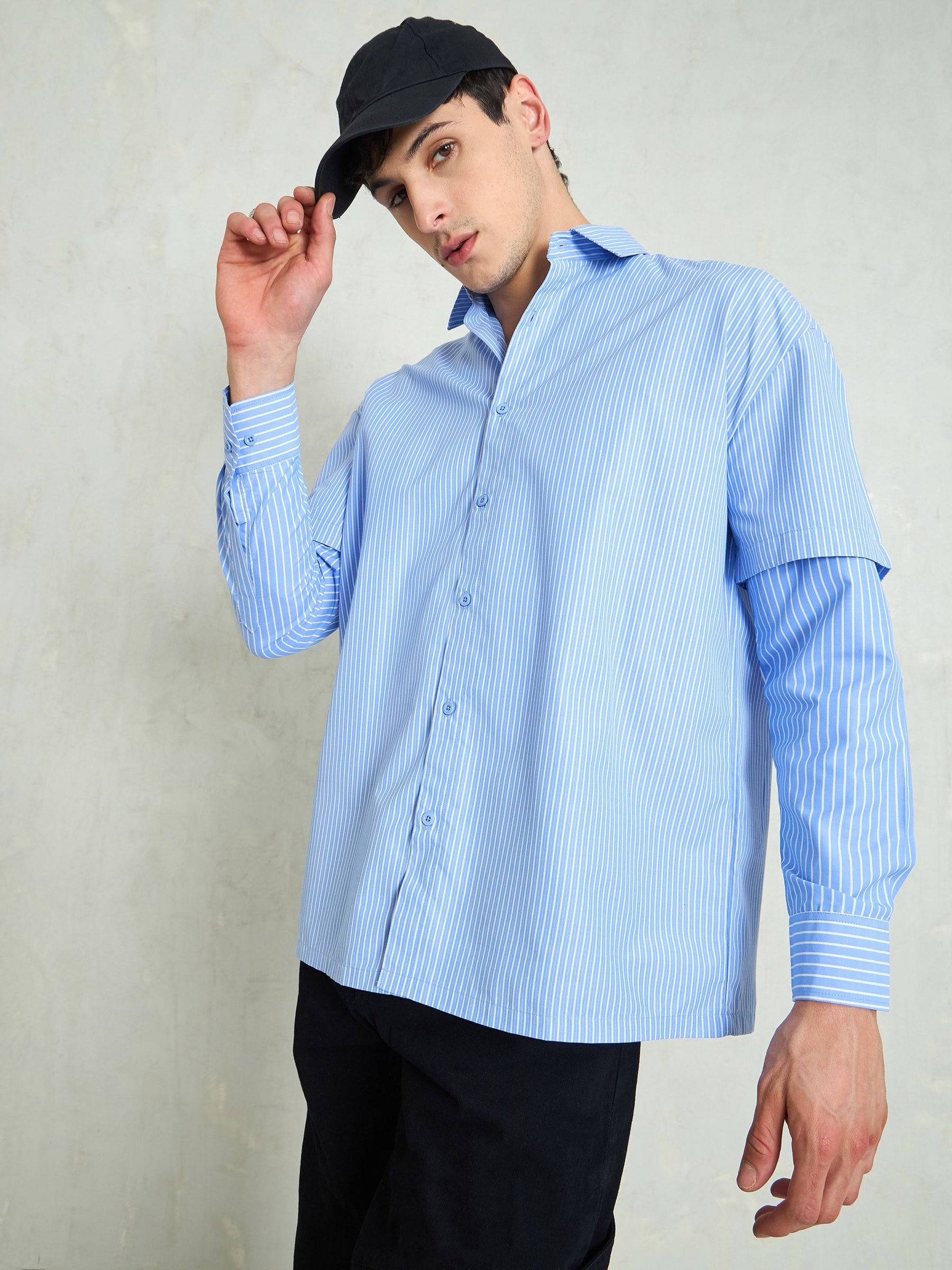 Blue & White Stripes Overlap Sleeve Relax Fit Shirt-MASCLN SASSAFRAS