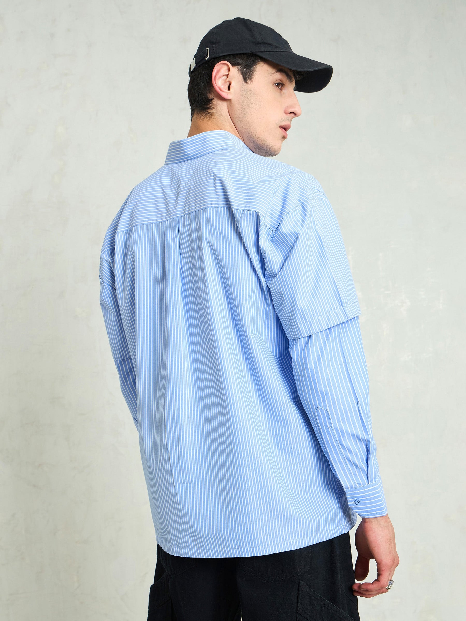 Blue & White Stripes Overlap Sleeve Relax Fit Shirt-MASCLN SASSAFRAS