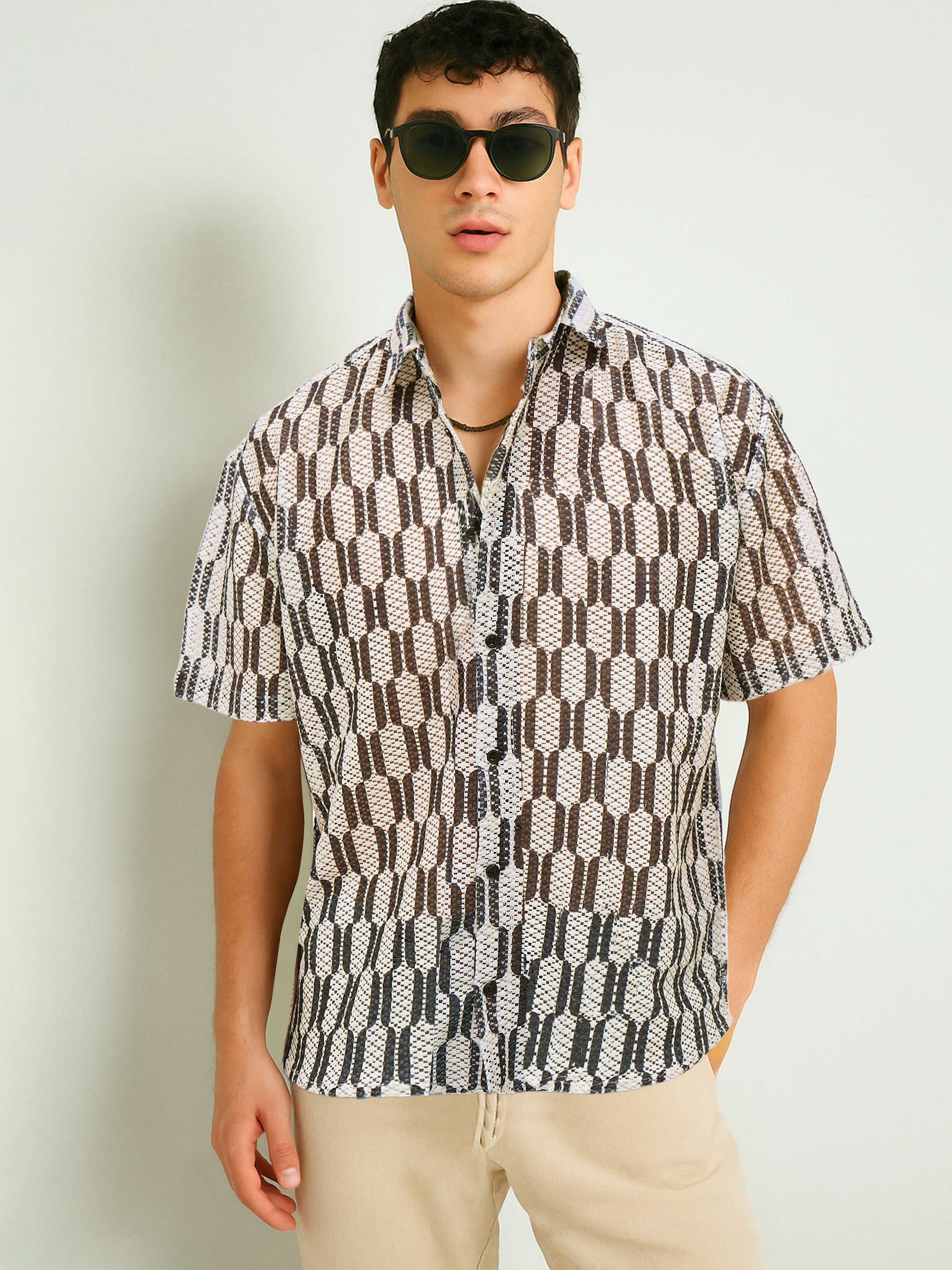 Beige & Black Geometric Print Crochet Shirt-MASCLN SASSAFRAS