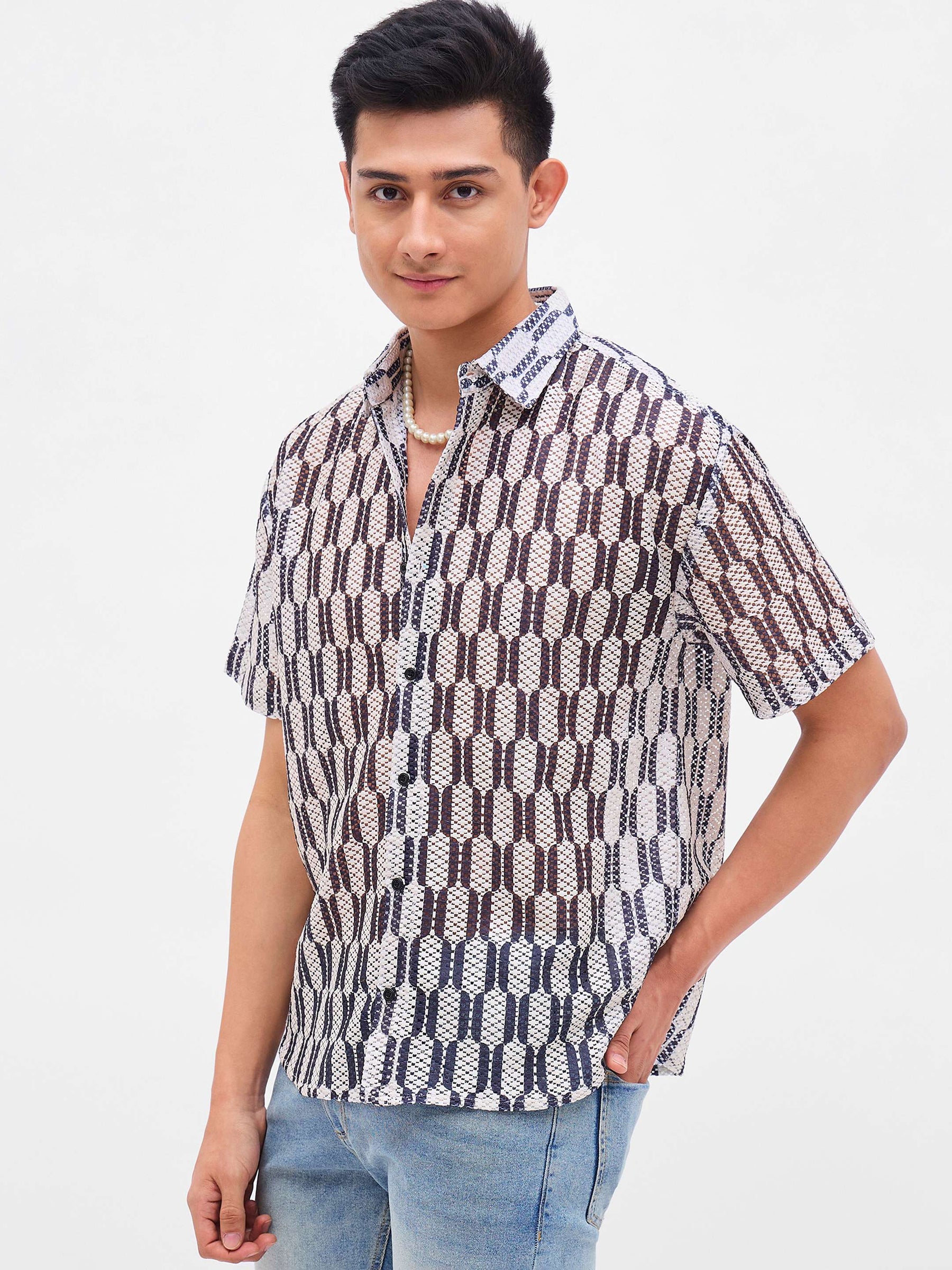Beige & Black Geometric Print Crochet Shirt-MASCLN SASSAFRAS