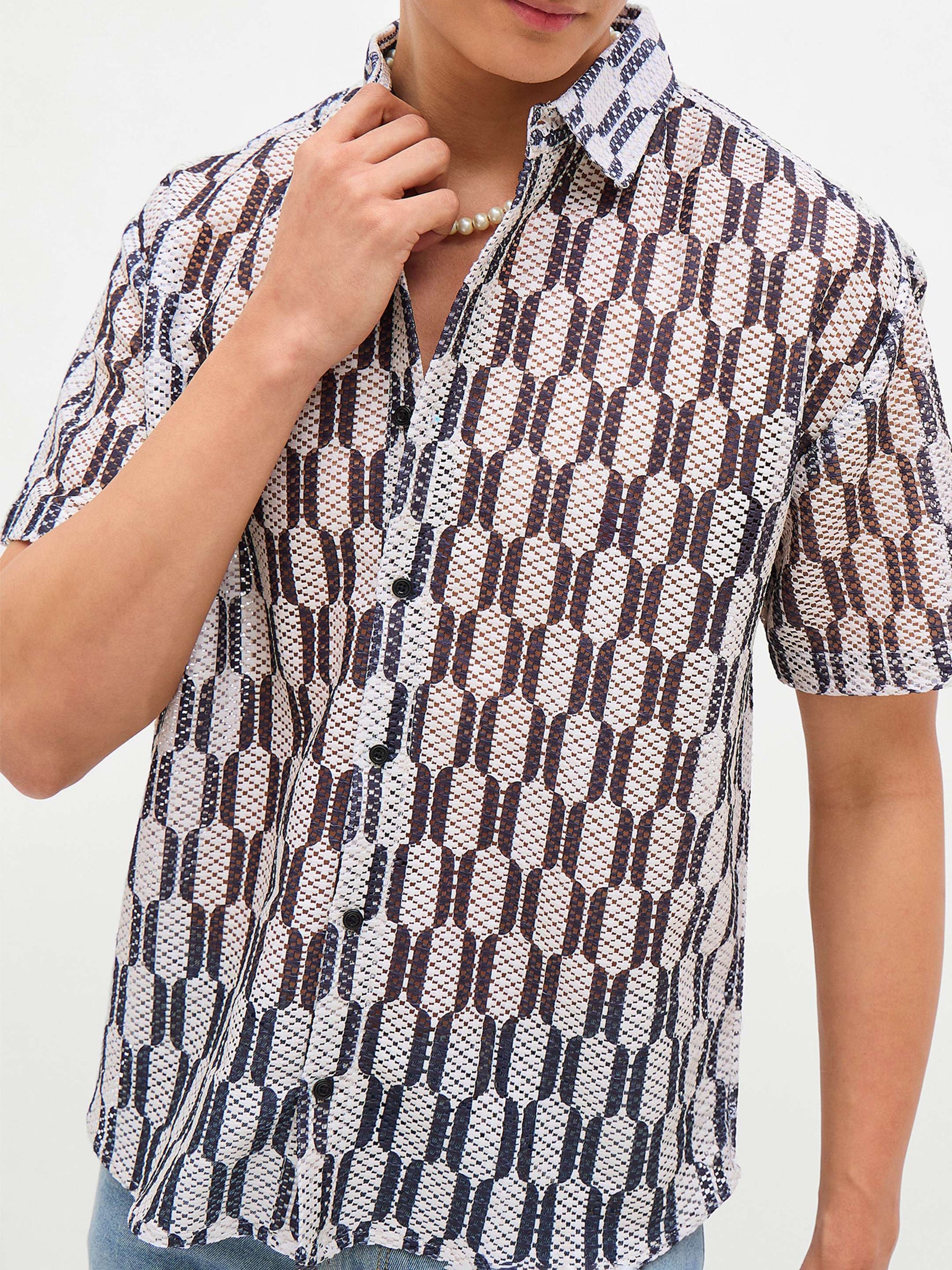 Beige & Black Geometric Print Crochet Shirt-MASCLN SASSAFRAS