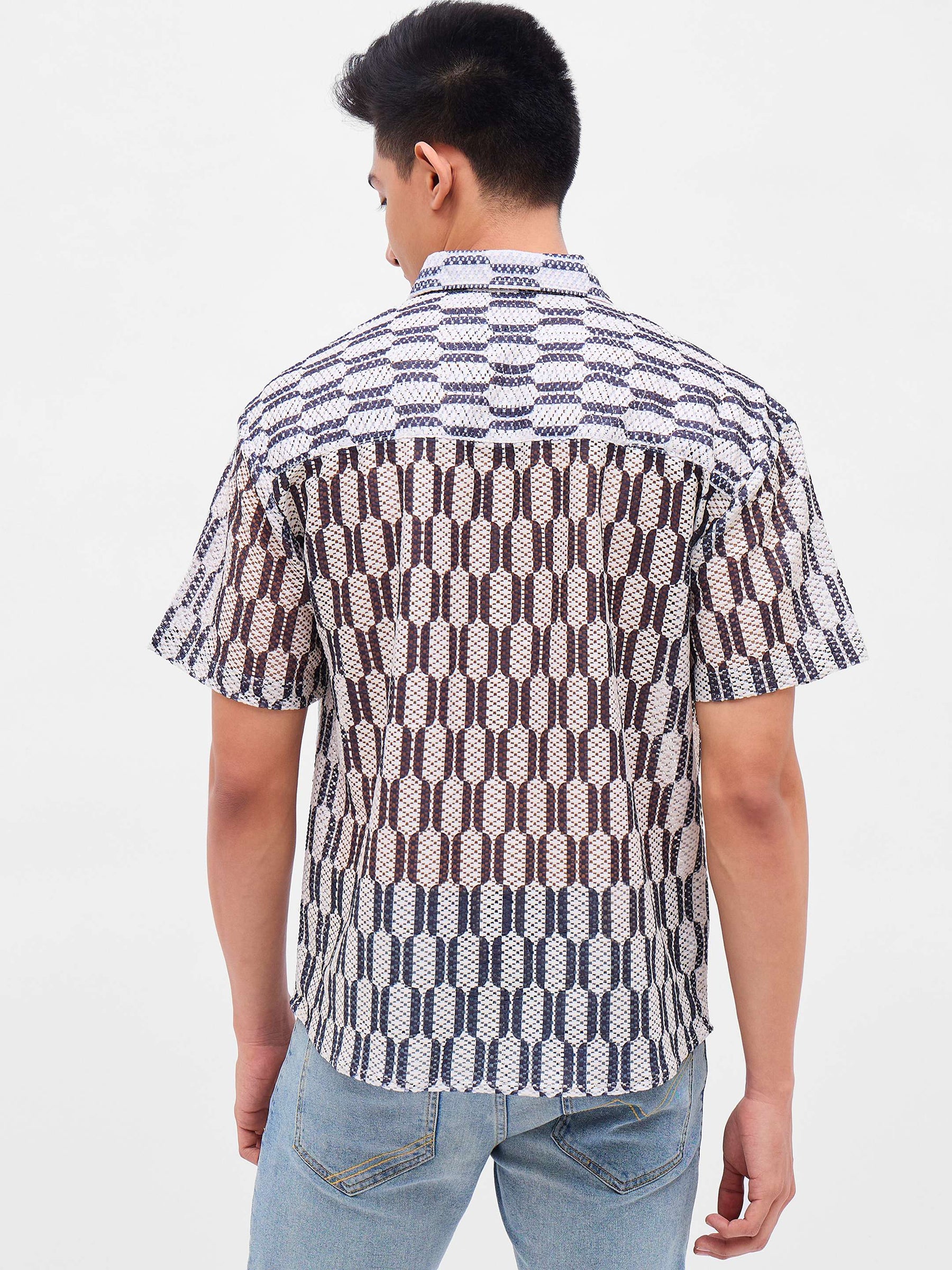 Beige & Black Geometric Print Crochet Shirt-MASCLN SASSAFRAS