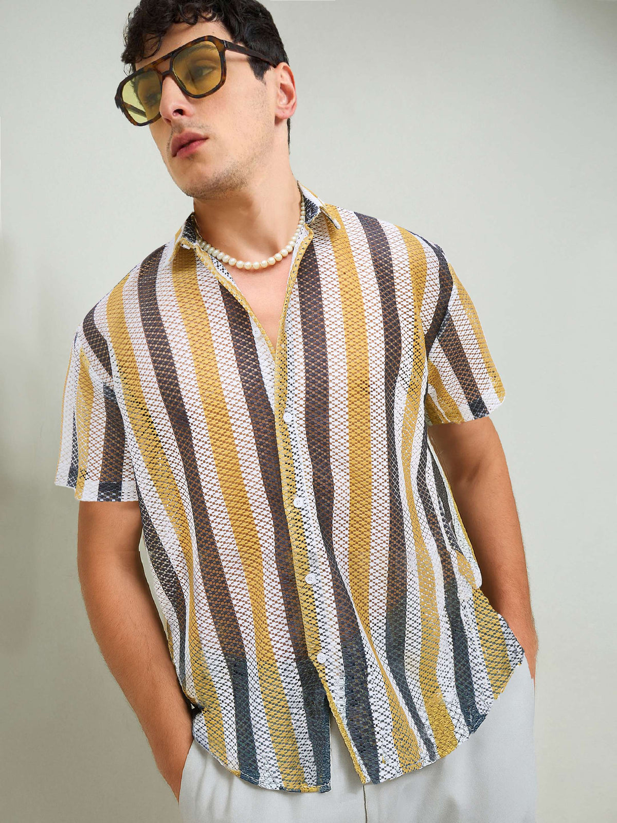 Mustard & White Stripes Crochet Shirt-MASCLN SASSAFRAS