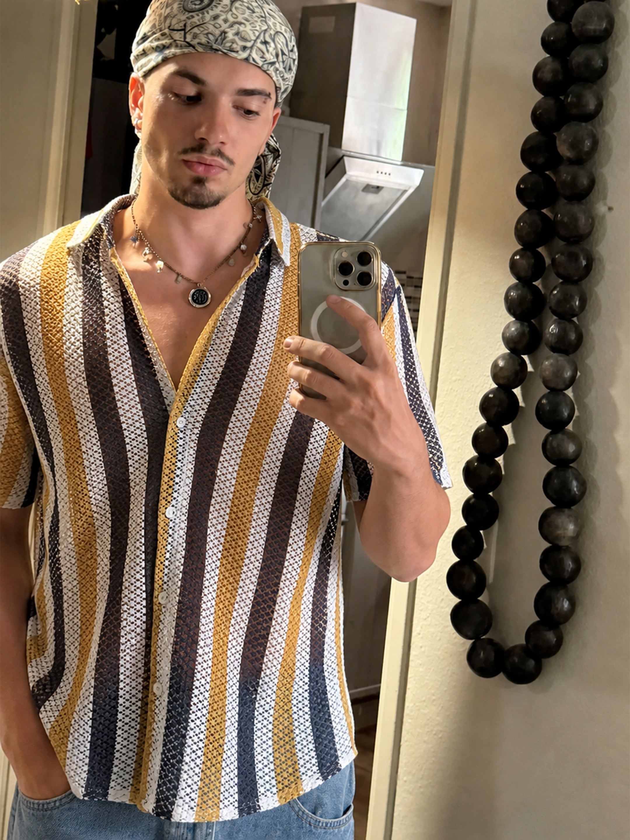 Buy Men Mustard & White Stripes Crochet Shirt Online at Best Price
