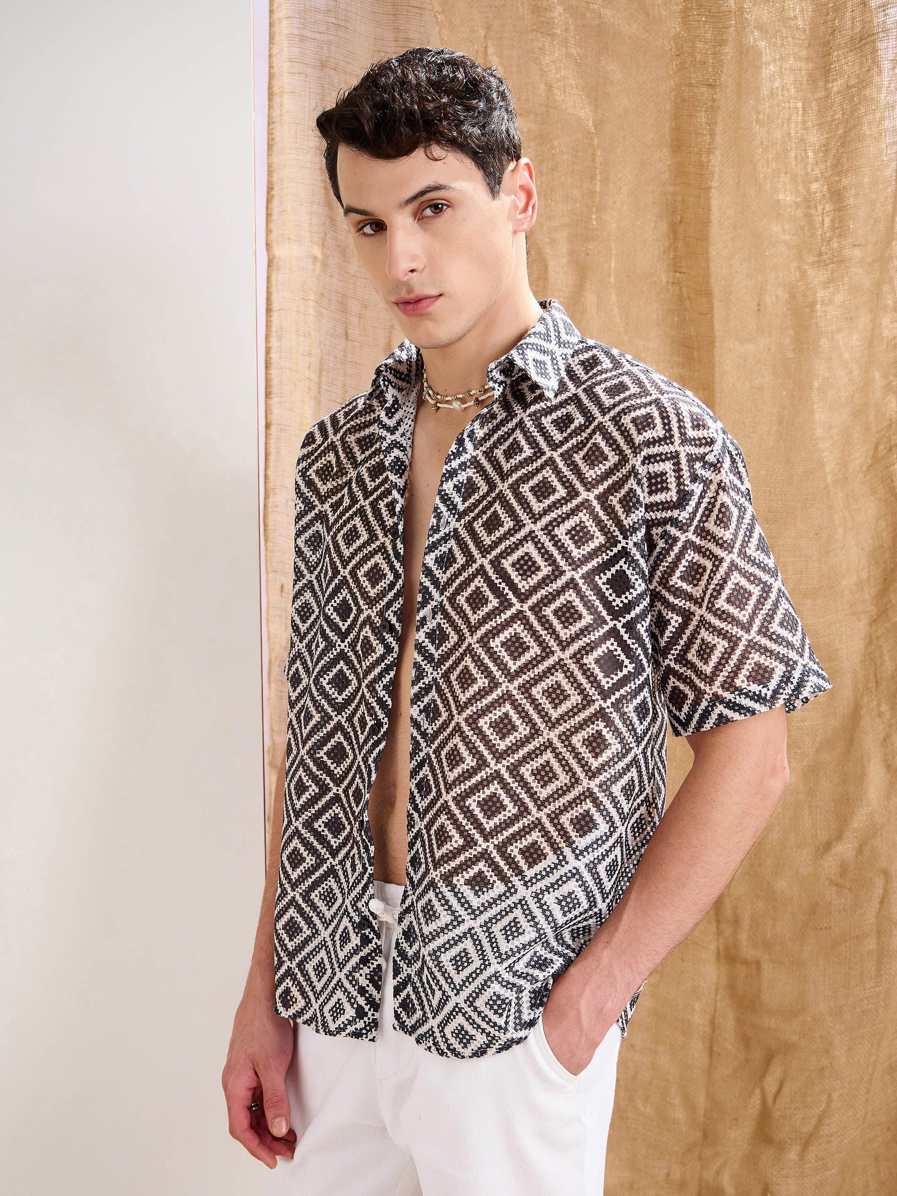 Black & White Geometric Print Crochet Shirt-MASCLN SASSAFRAS