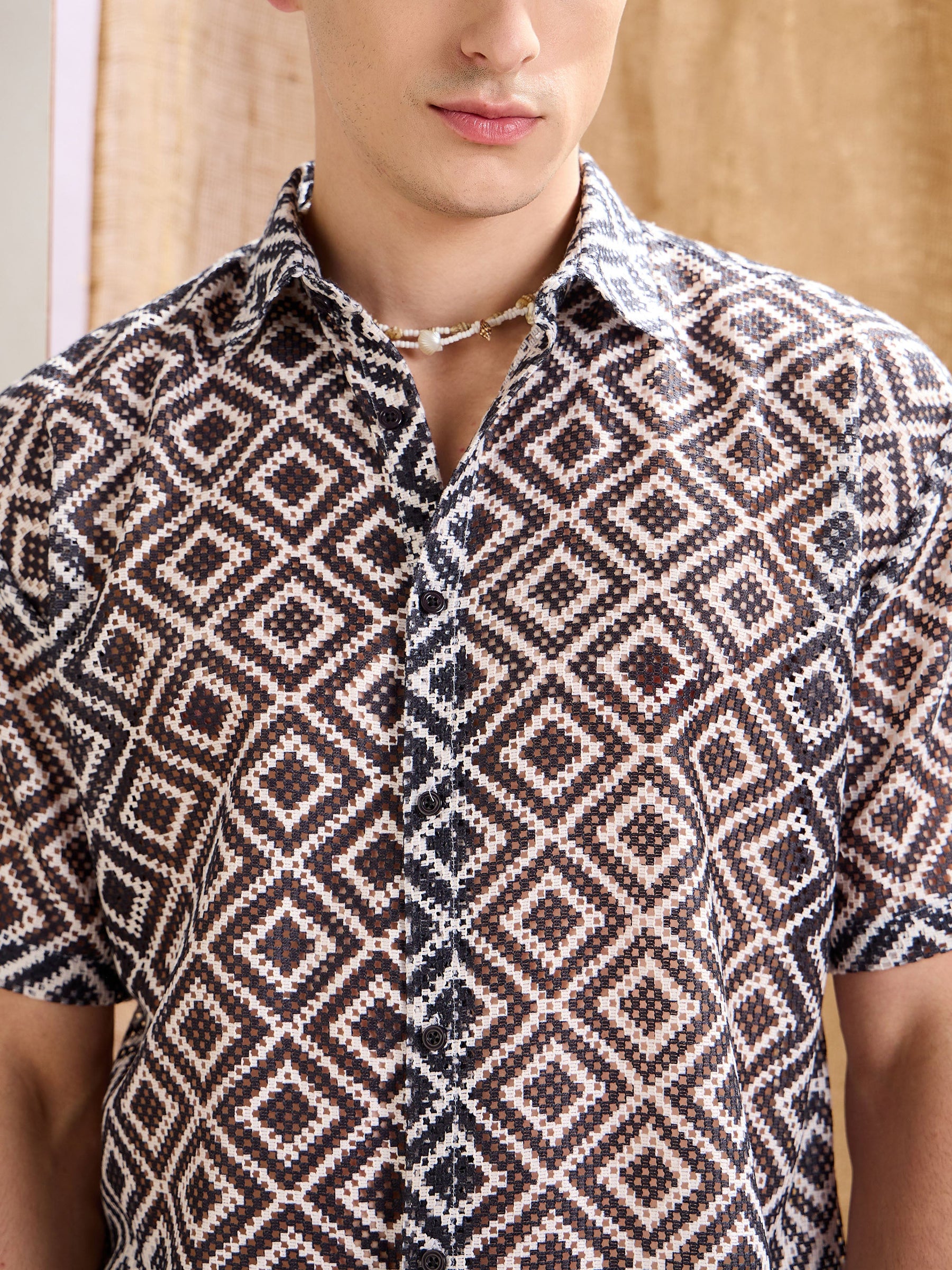Black & White Geometric Print Crochet Shirt-MASCLN SASSAFRAS