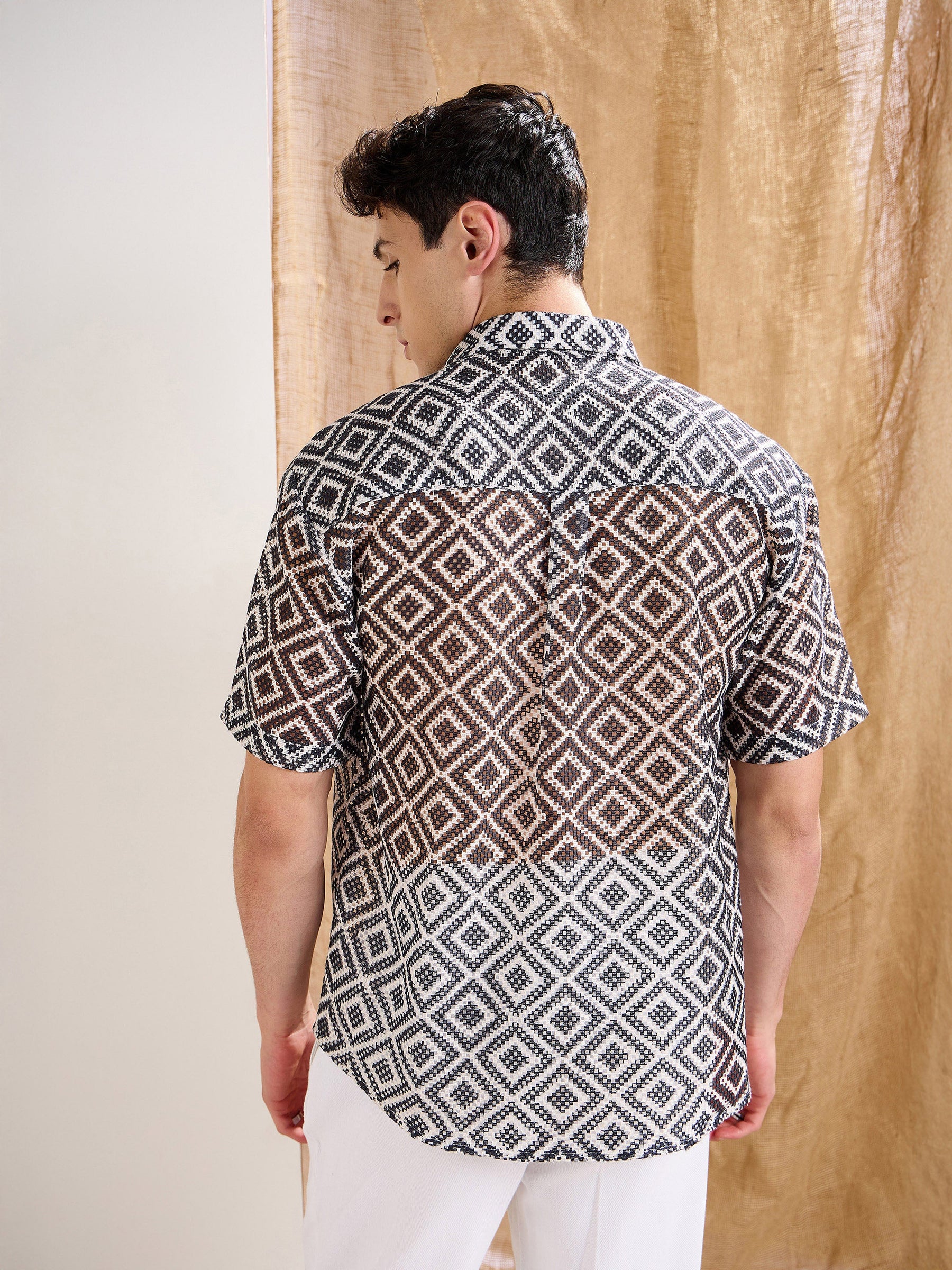 Black & White Geometric Print Crochet Shirt-MASCLN SASSAFRAS
