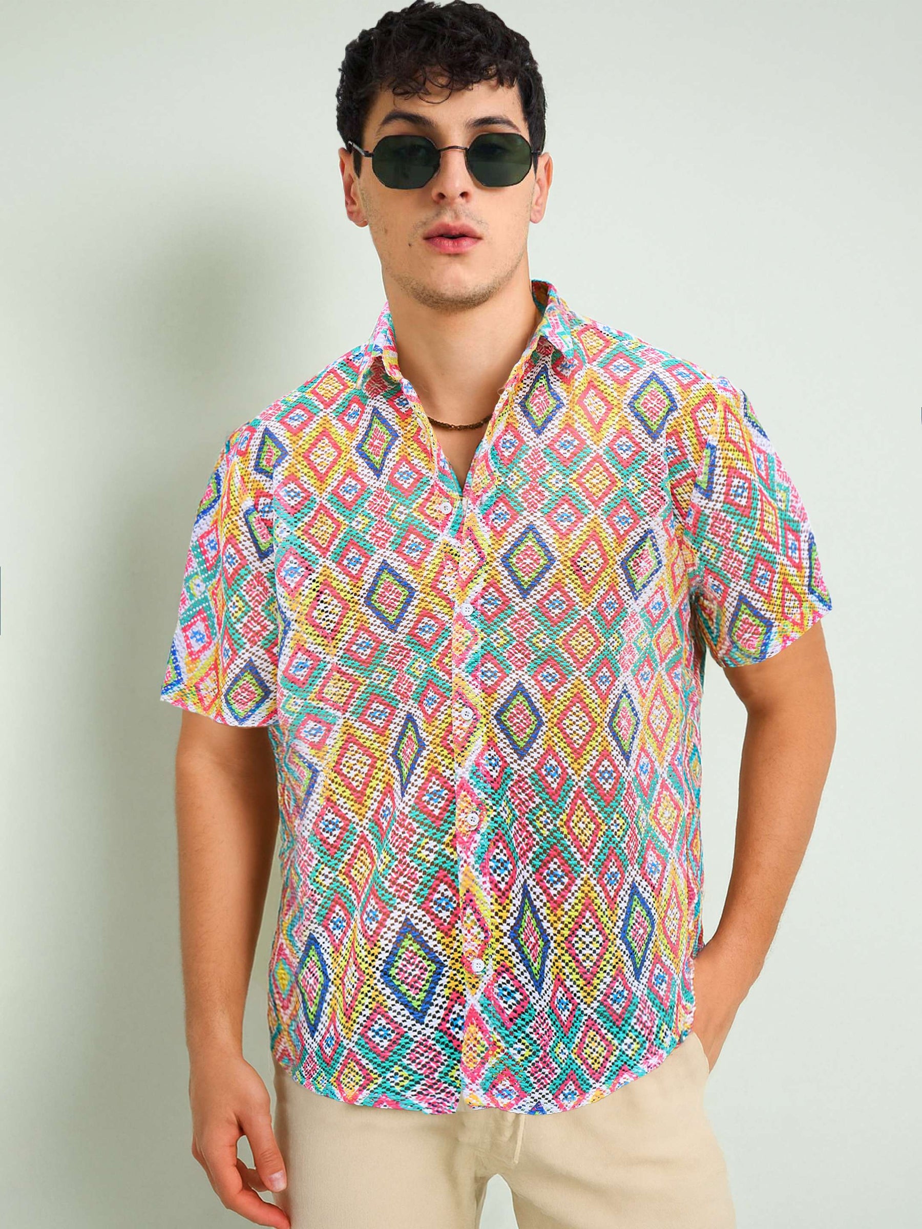 Multi Color Geometric Print Crochet Shirt-MASCLN SASSAFRAS