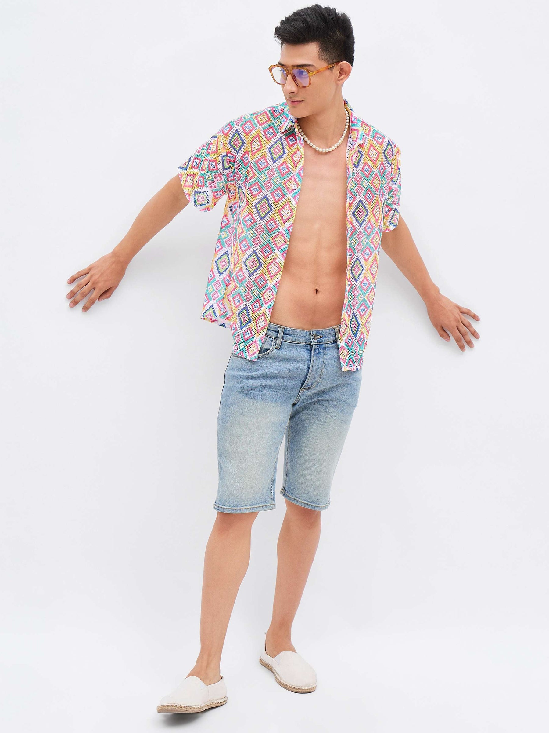 Multi Color Geometric Print Crochet Shirt-MASCLN SASSAFRAS