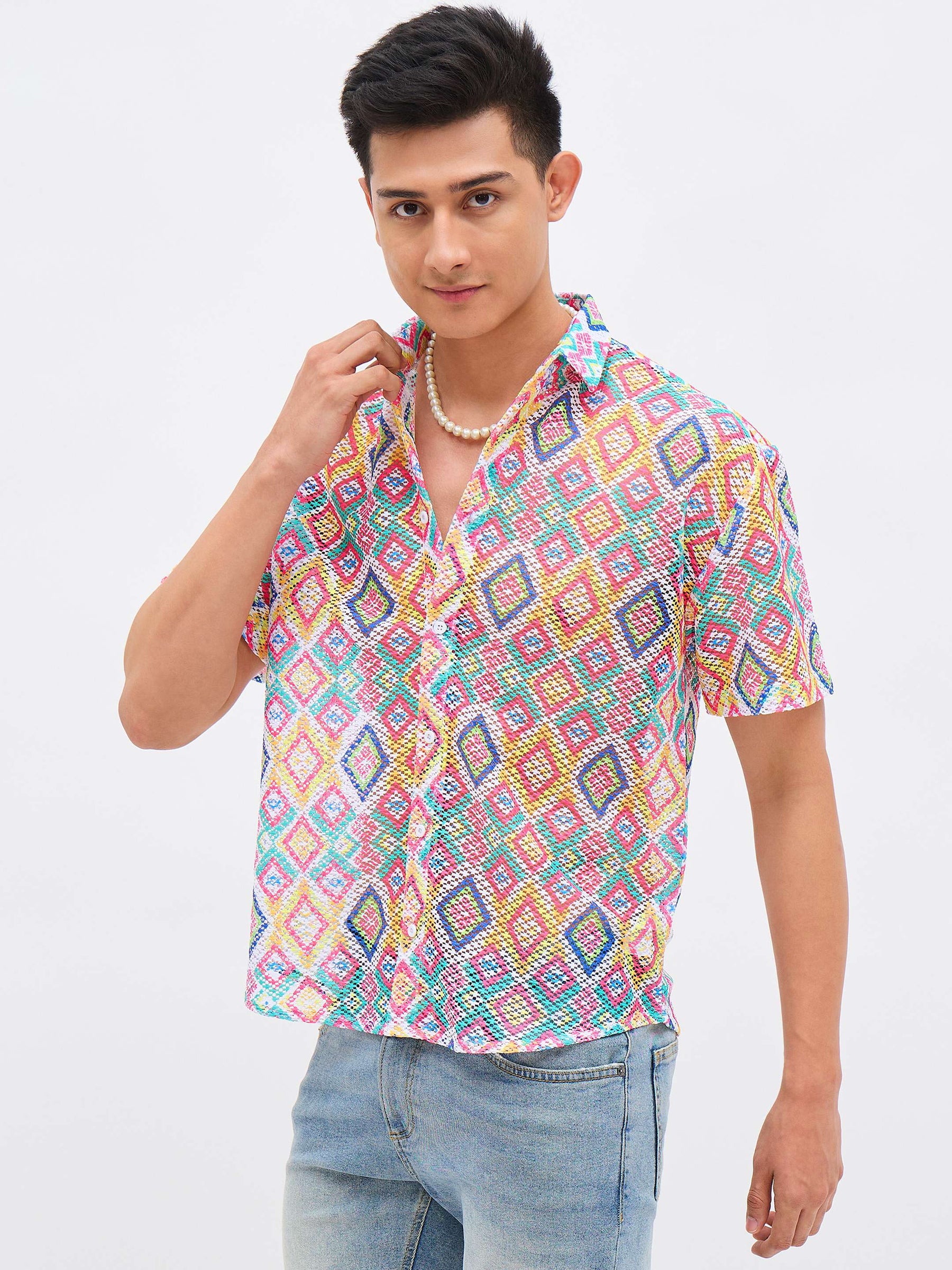 Multi Color Geometric Print Crochet Shirt-MASCLN SASSAFRAS
