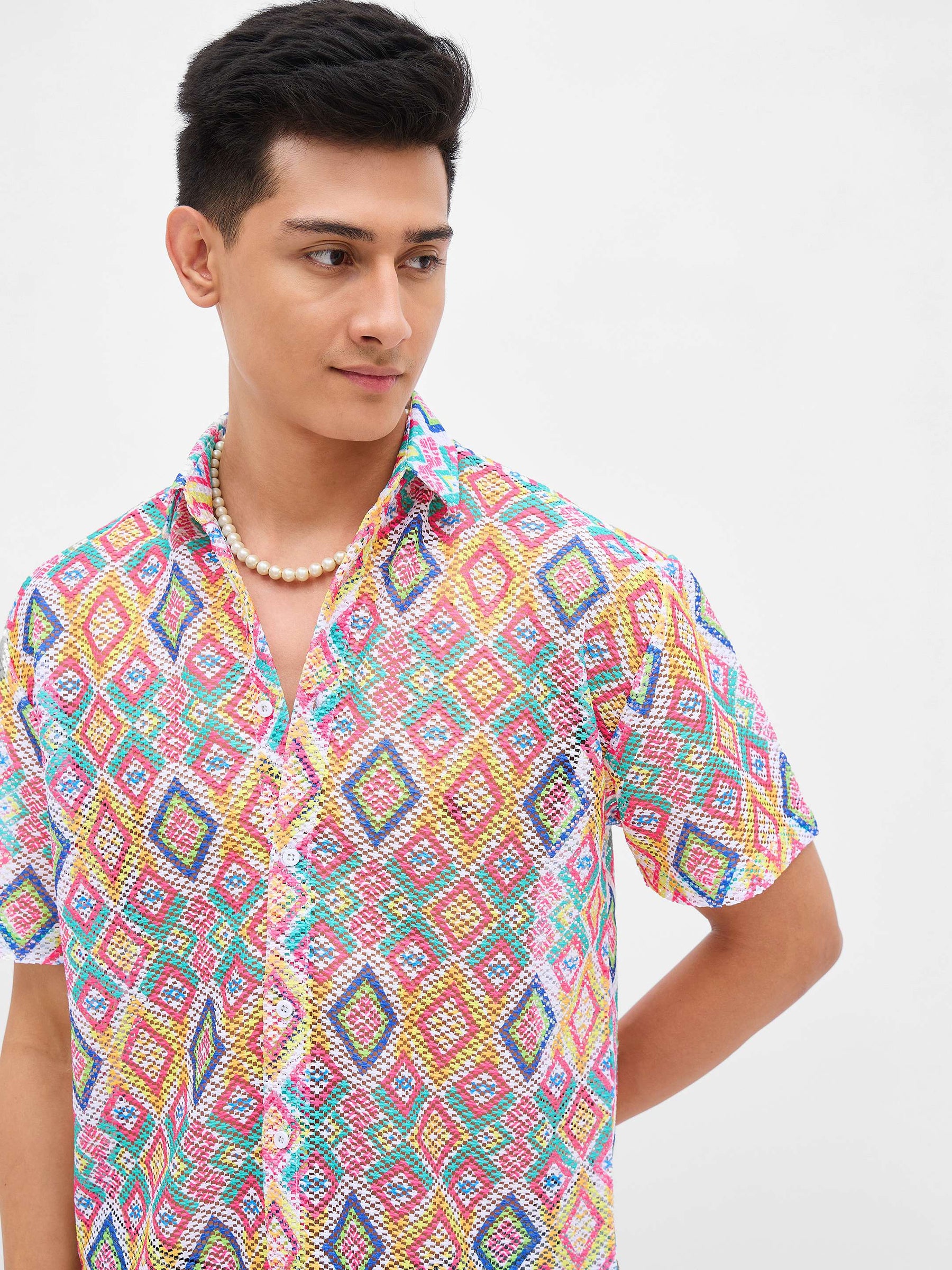 Multi Color Geometric Print Crochet Shirt-MASCLN SASSAFRAS