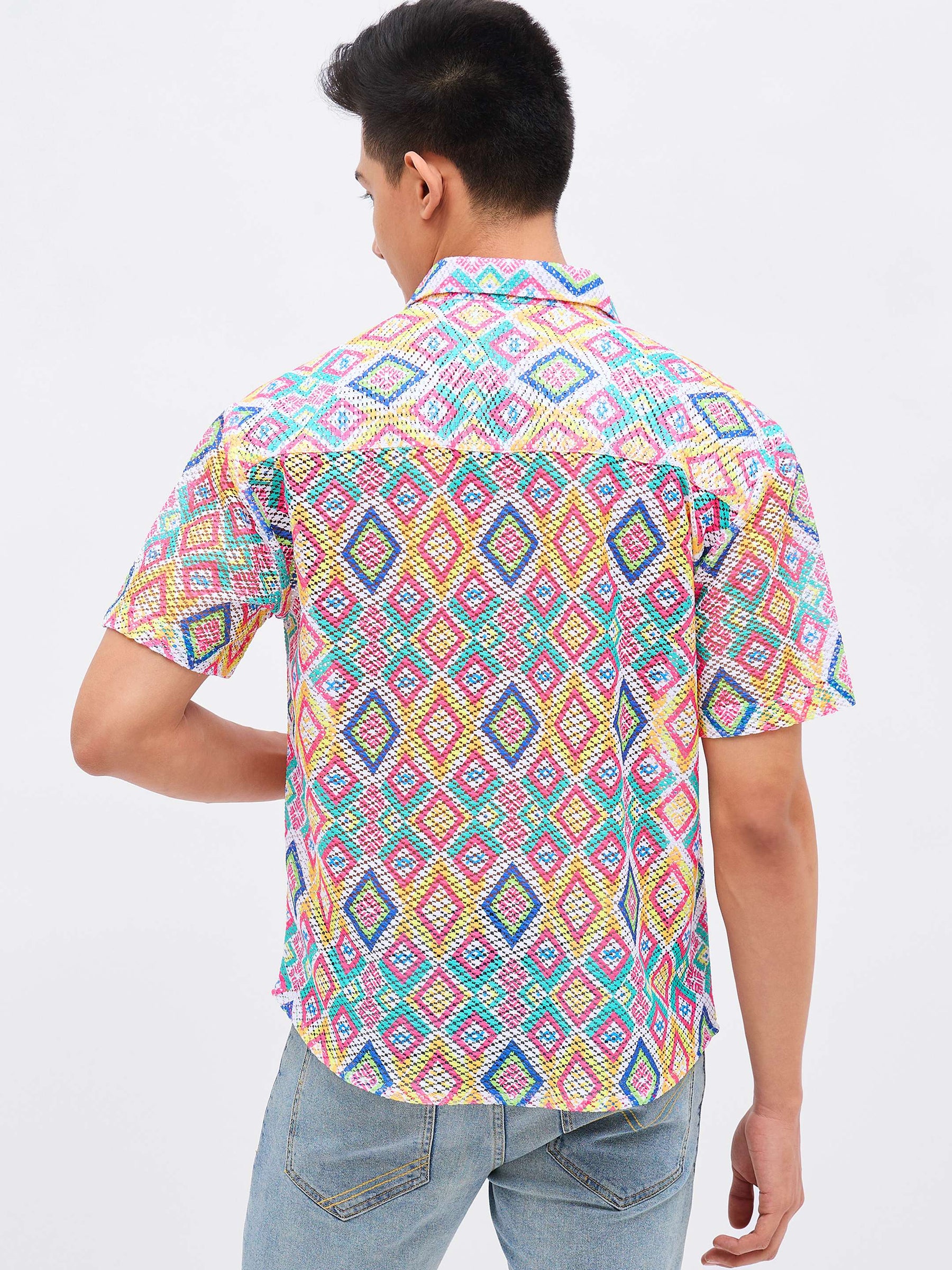 Multi Color Geometric Print Crochet Shirt-MASCLN SASSAFRAS
