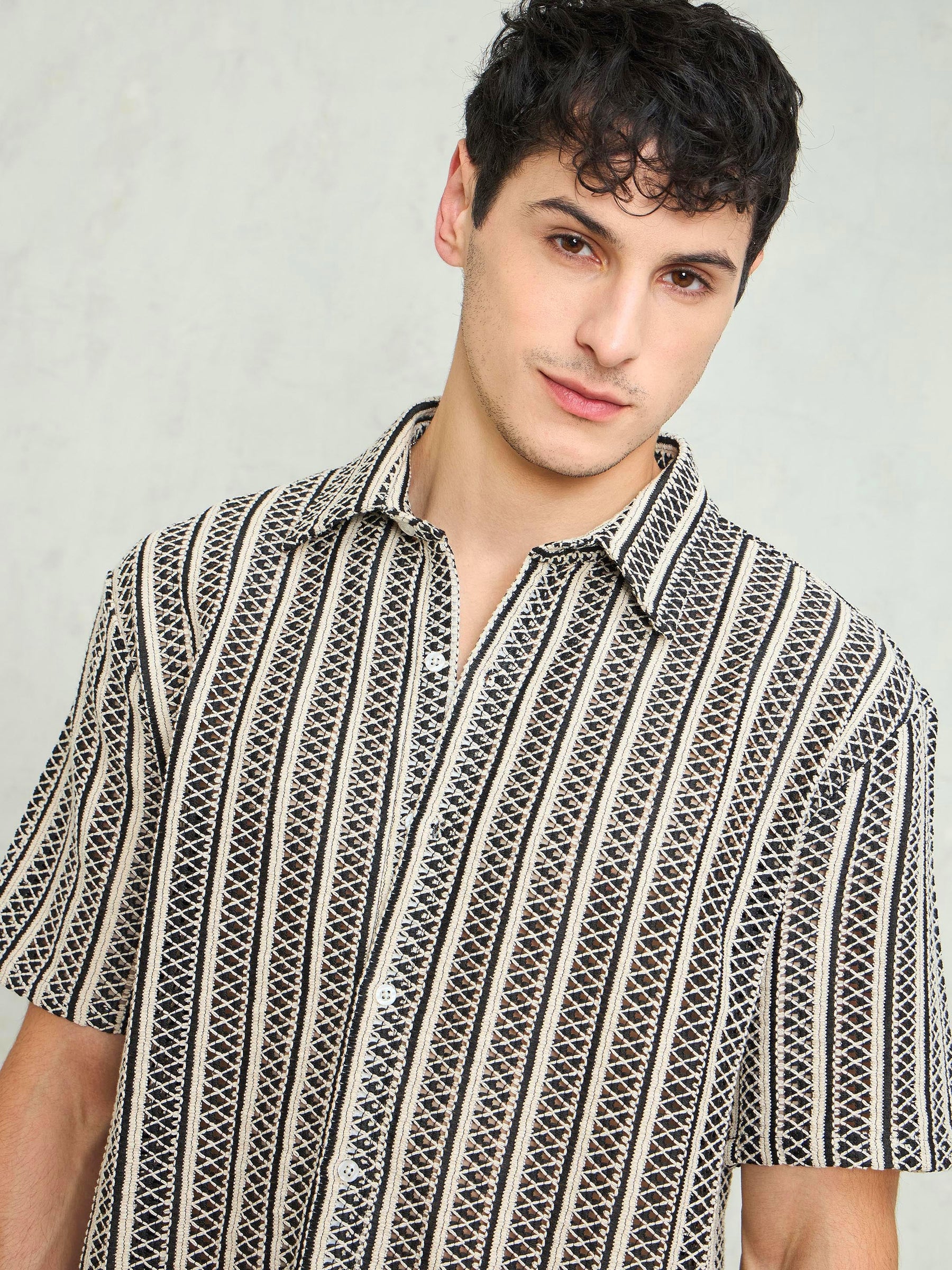 Black & Beige Lace Relax Fit Shirt-MASCLN SASSAFRAS