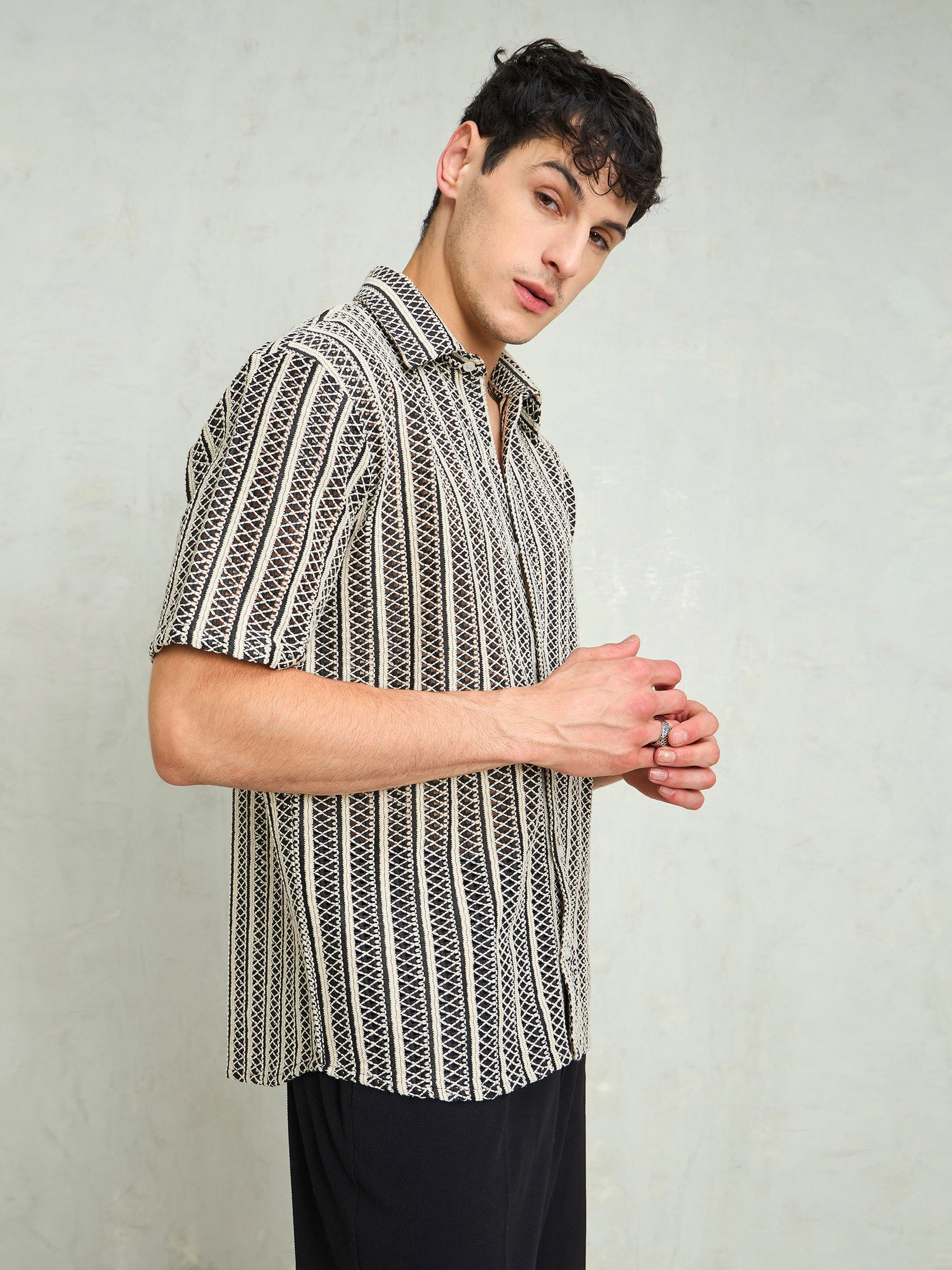 Black & Beige Lace Relax Fit Shirt-MASCLN SASSAFRAS