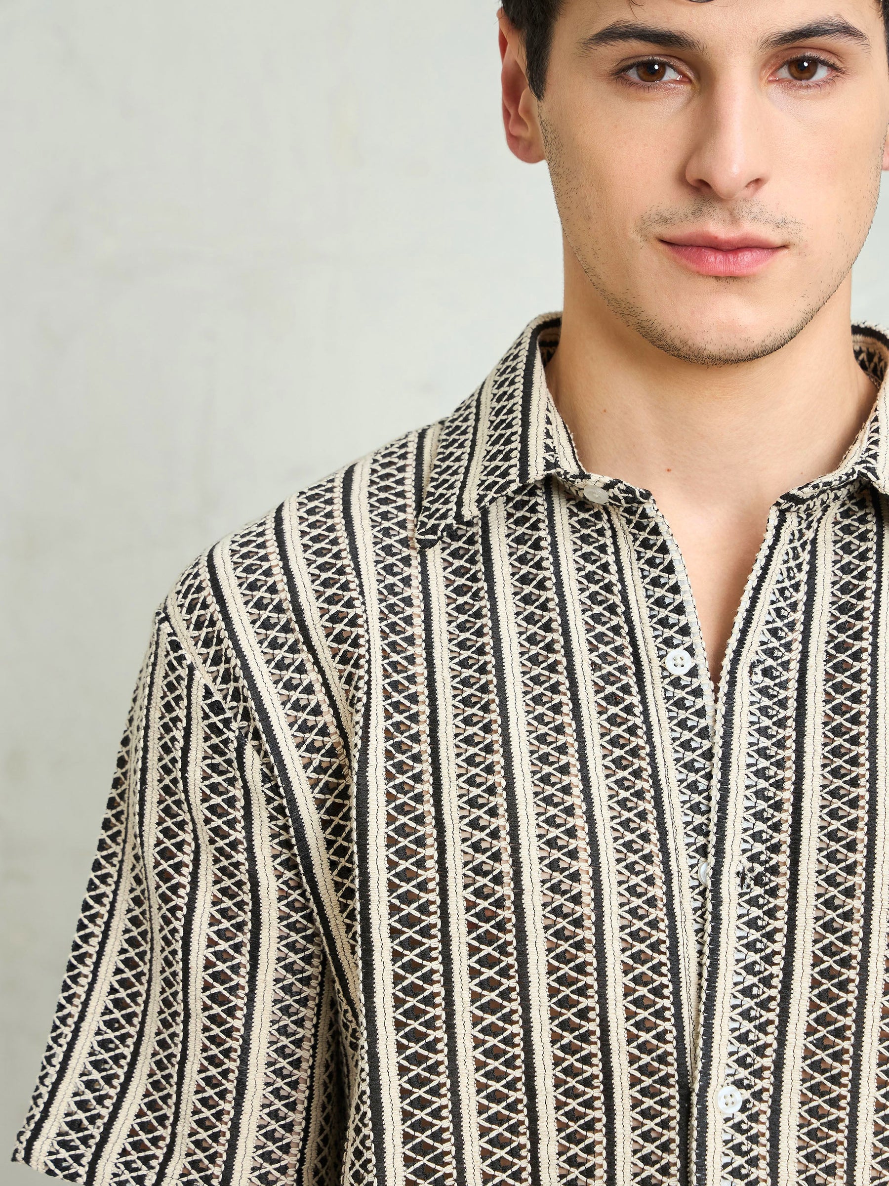 Black & Beige Lace Relax Fit Shirt-MASCLN SASSAFRAS