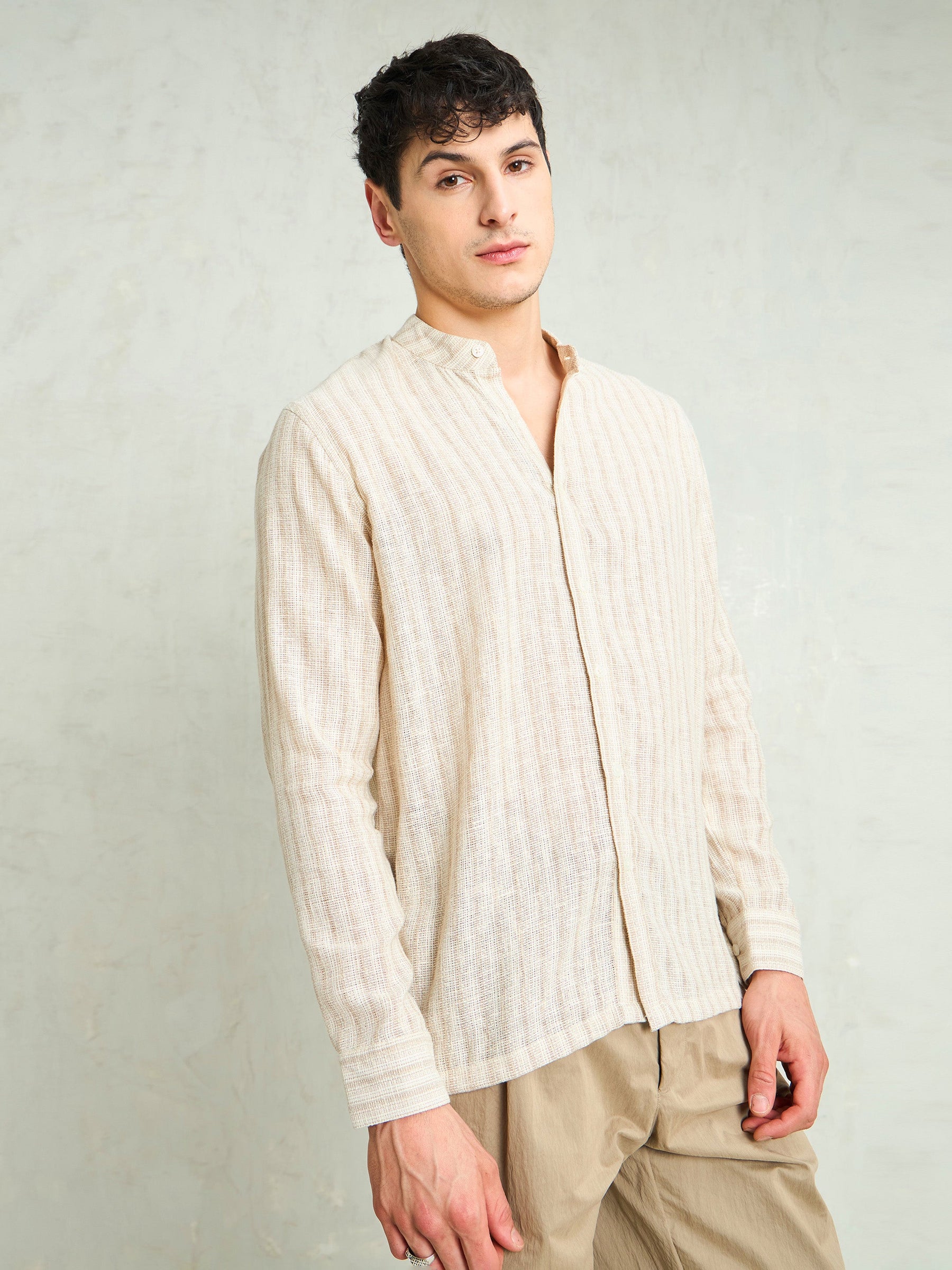 Beige & Brown Cotton Stripes Mandarin Collar Relax Fit Shirt-MASCLN SASSAFRAS