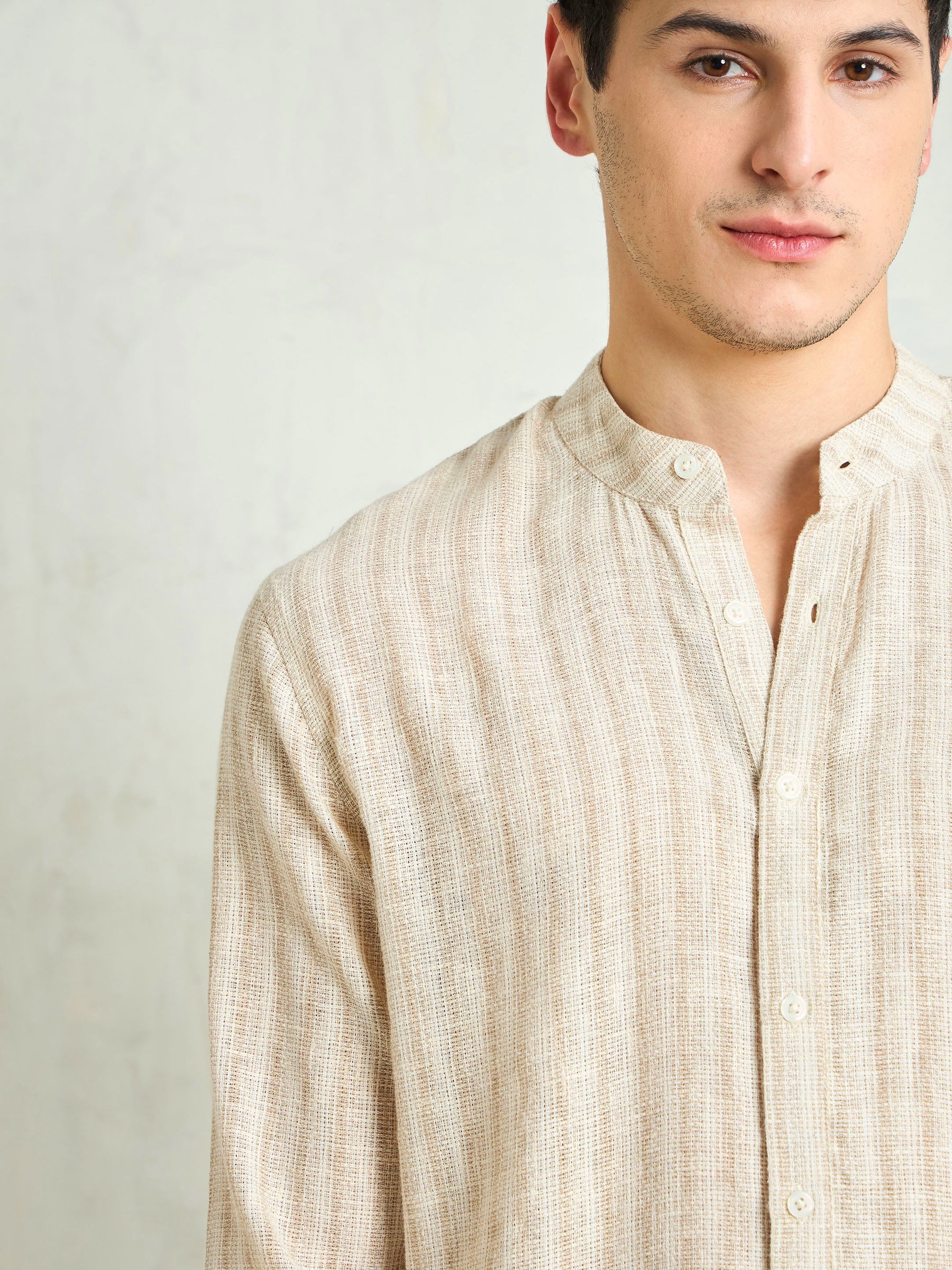 Beige & Brown Cotton Stripes Mandarin Collar Relax Fit Shirt-MASCLN SASSAFRAS
