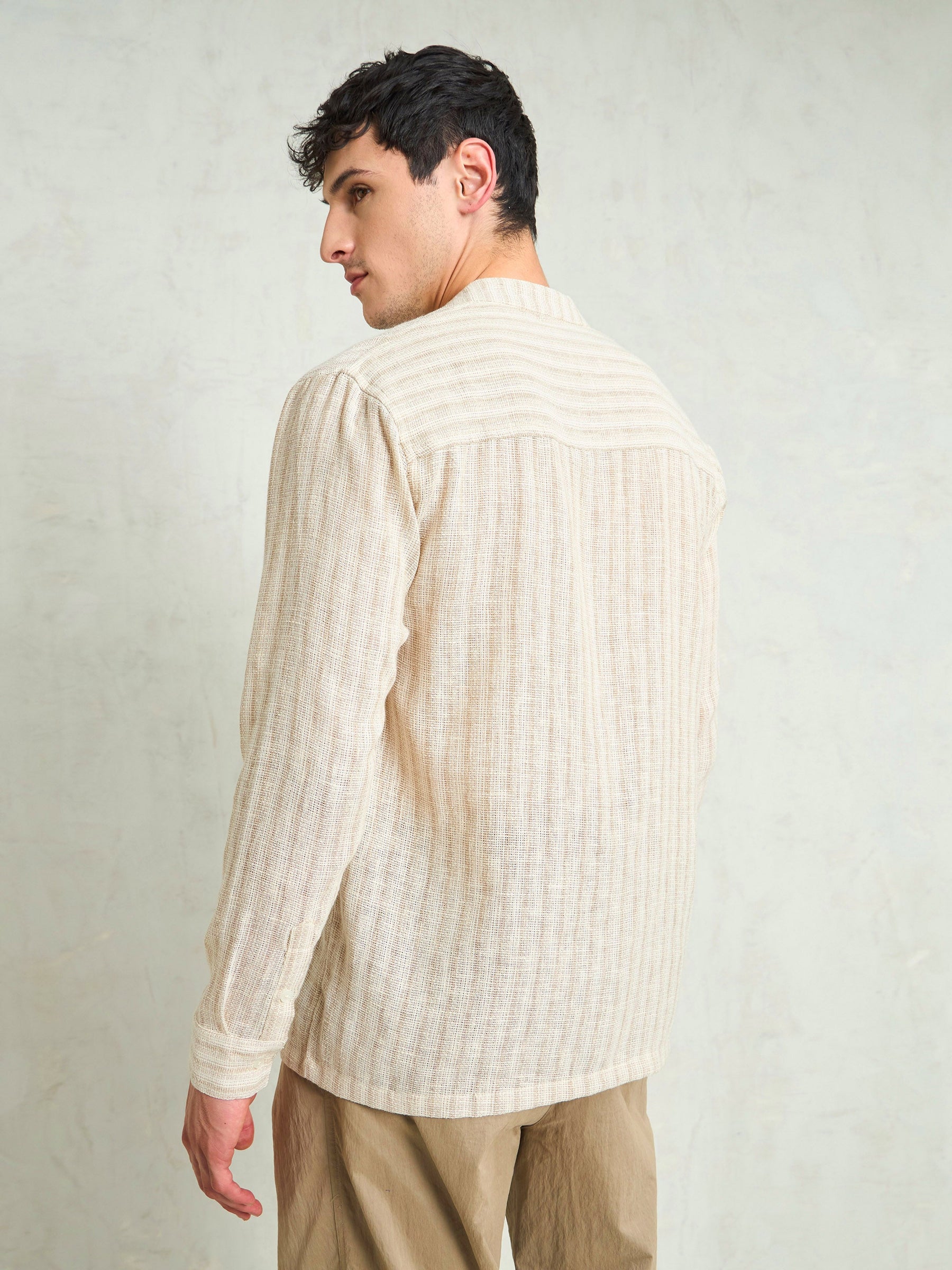 Beige & Brown Cotton Stripes Mandarin Collar Relax Fit Shirt-MASCLN SASSAFRAS
