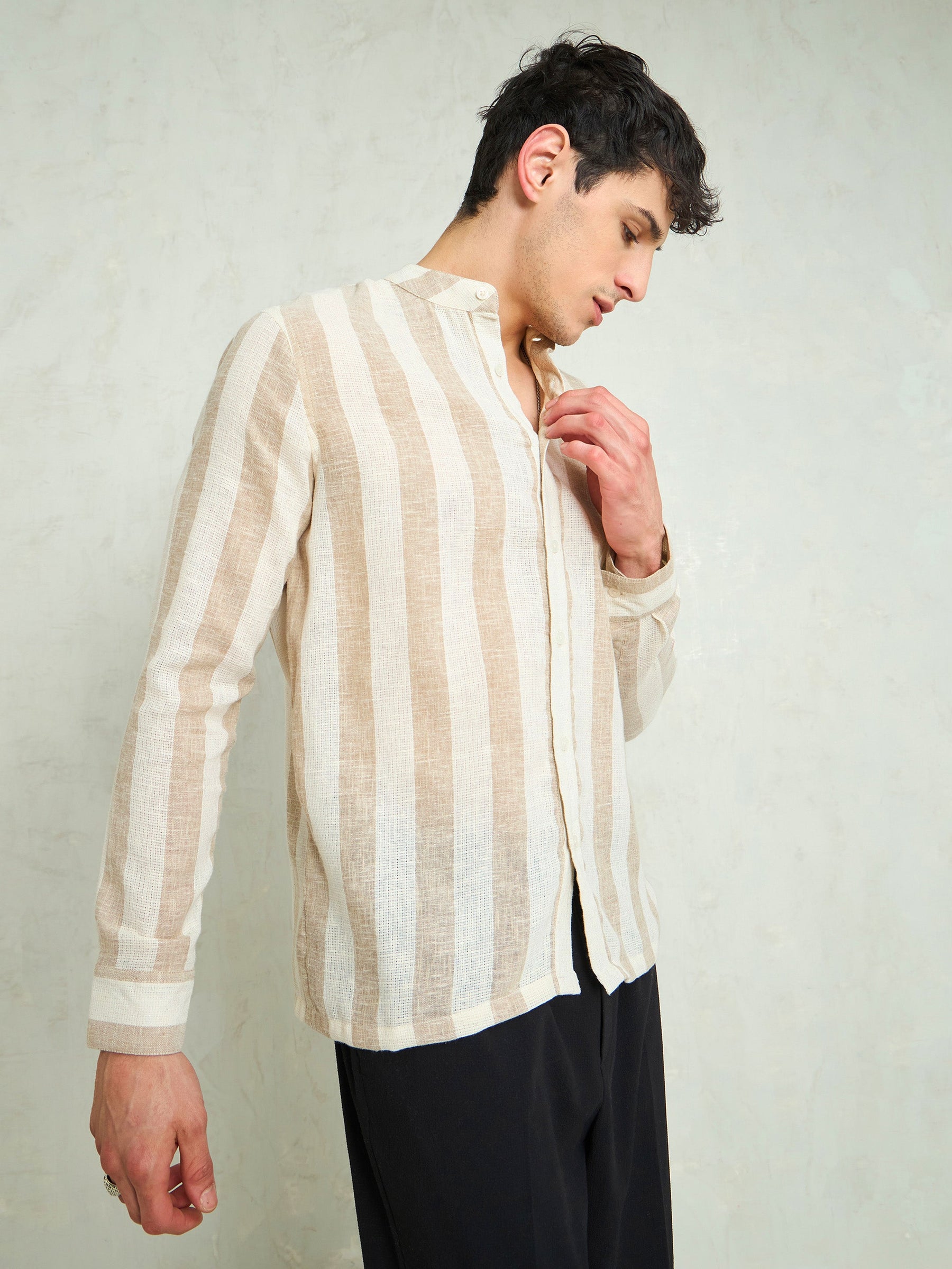Brown & Beige Cotton Stripes Mandarin Collar Relax Fit Shirt-MASCLN SASSAFRAS
