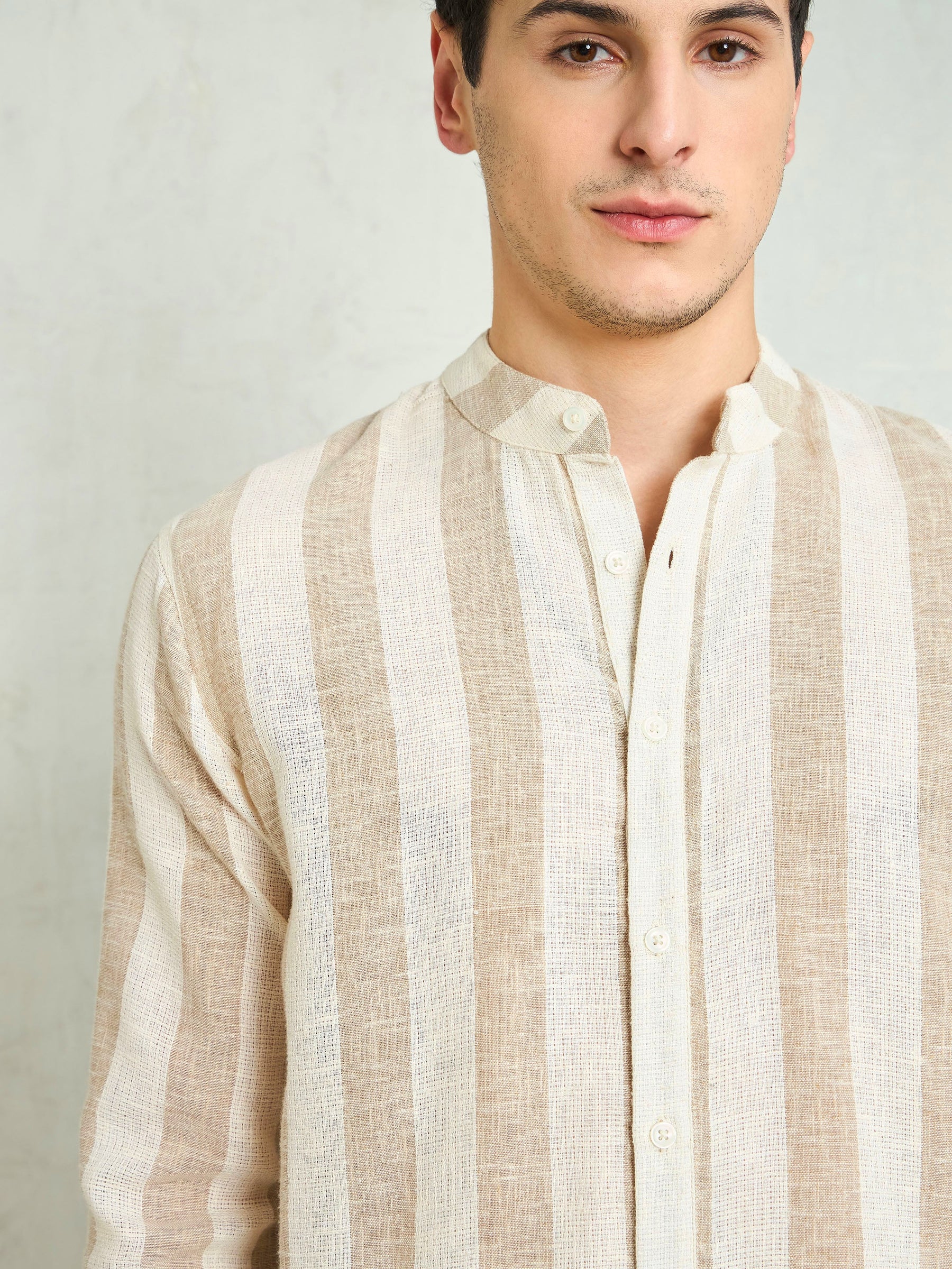 Brown & Beige Cotton Stripes Mandarin Collar Relax Fit Shirt-MASCLN SASSAFRAS