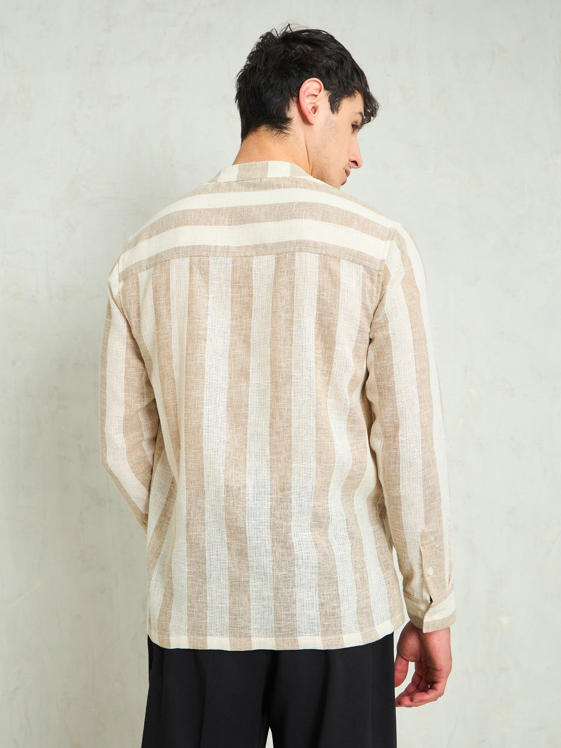 Brown & Beige Cotton Stripes Mandarin Collar Relax Fit Shirt-MASCLN SASSAFRAS