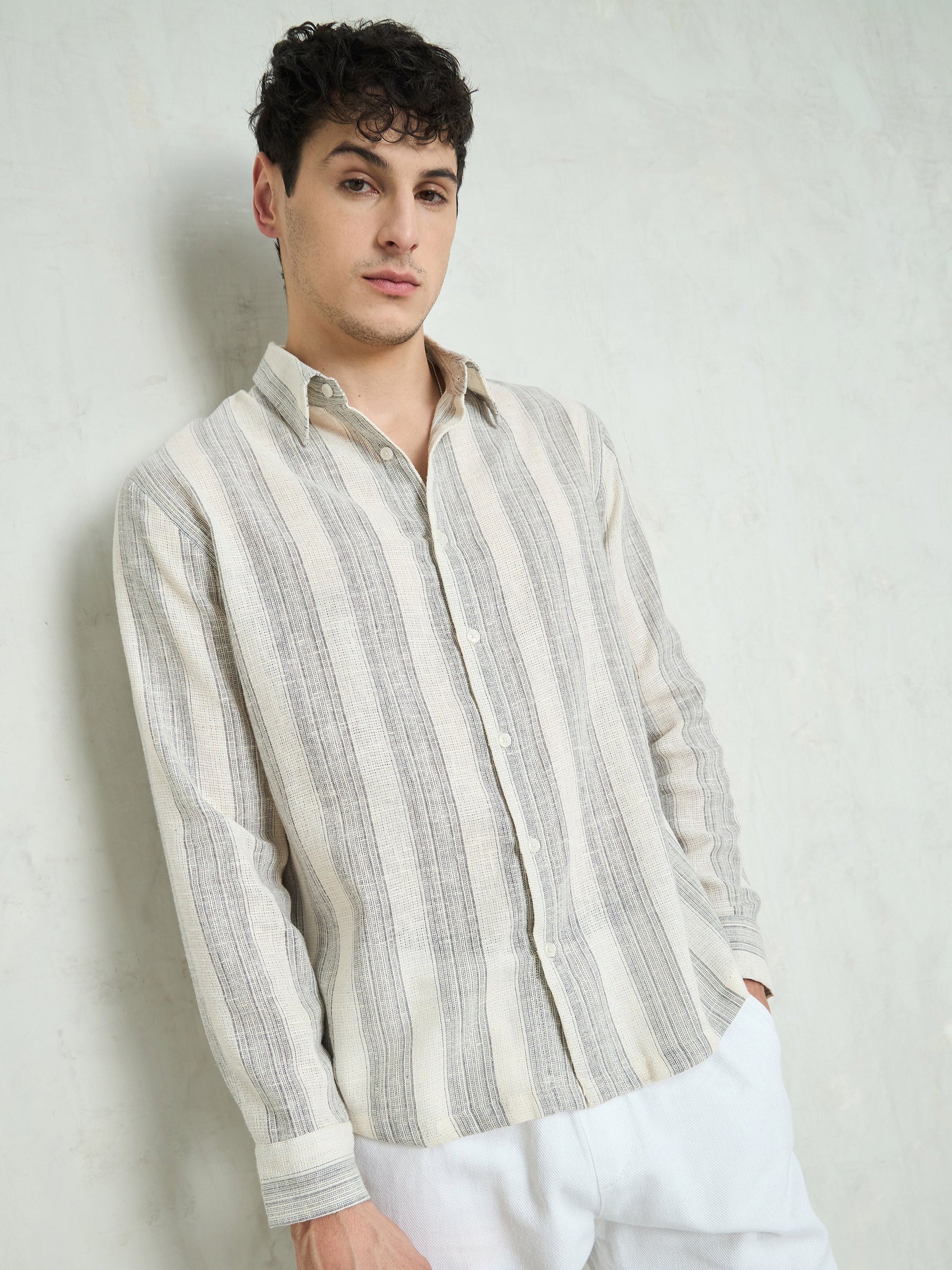 Beige & Grey Cotton Stripes Relax Fit Shirt-MASCLN SASSAFRAS