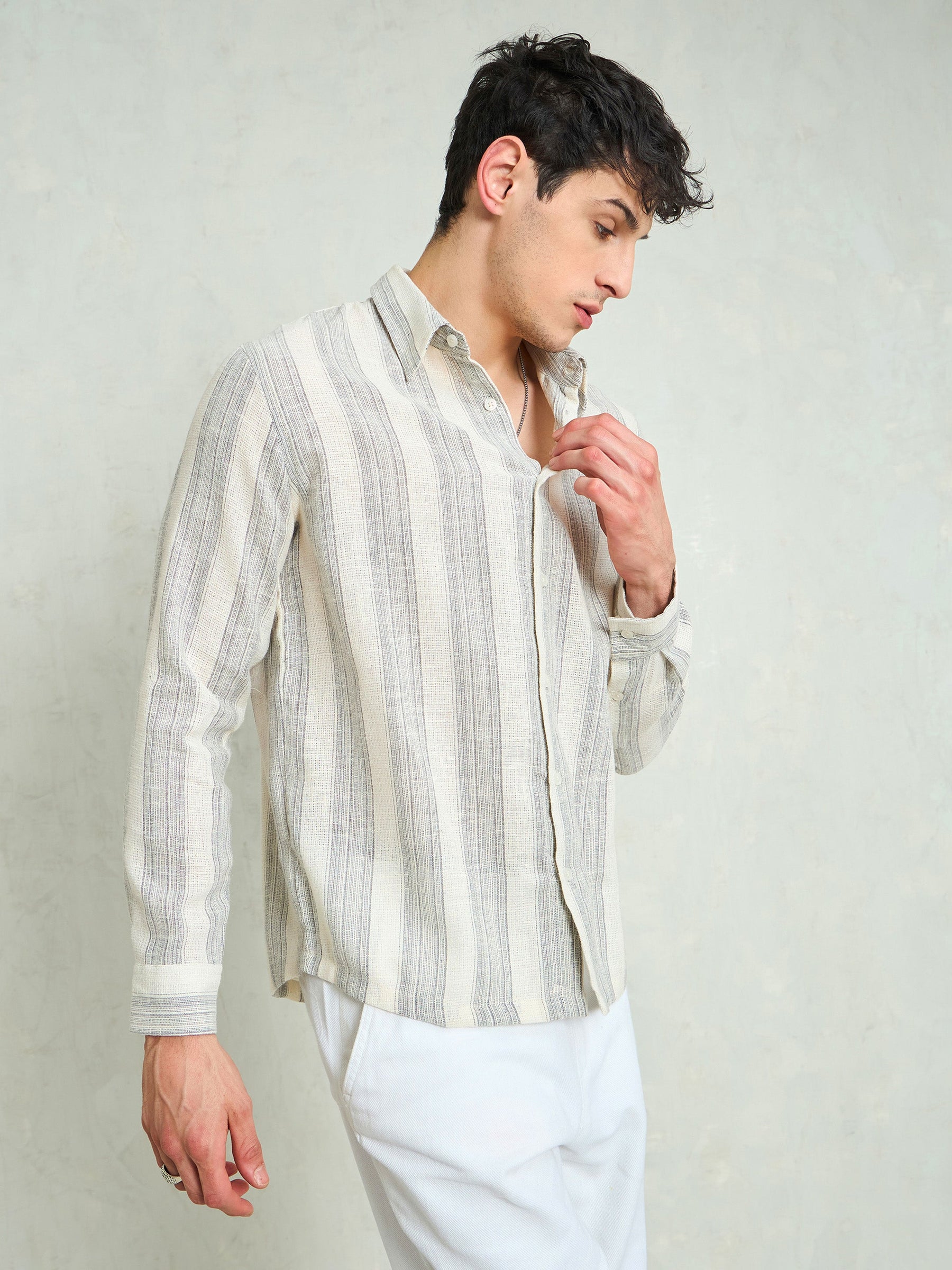 Beige & Grey Cotton Stripes Relax Fit Shirt-MASCLN SASSAFRAS