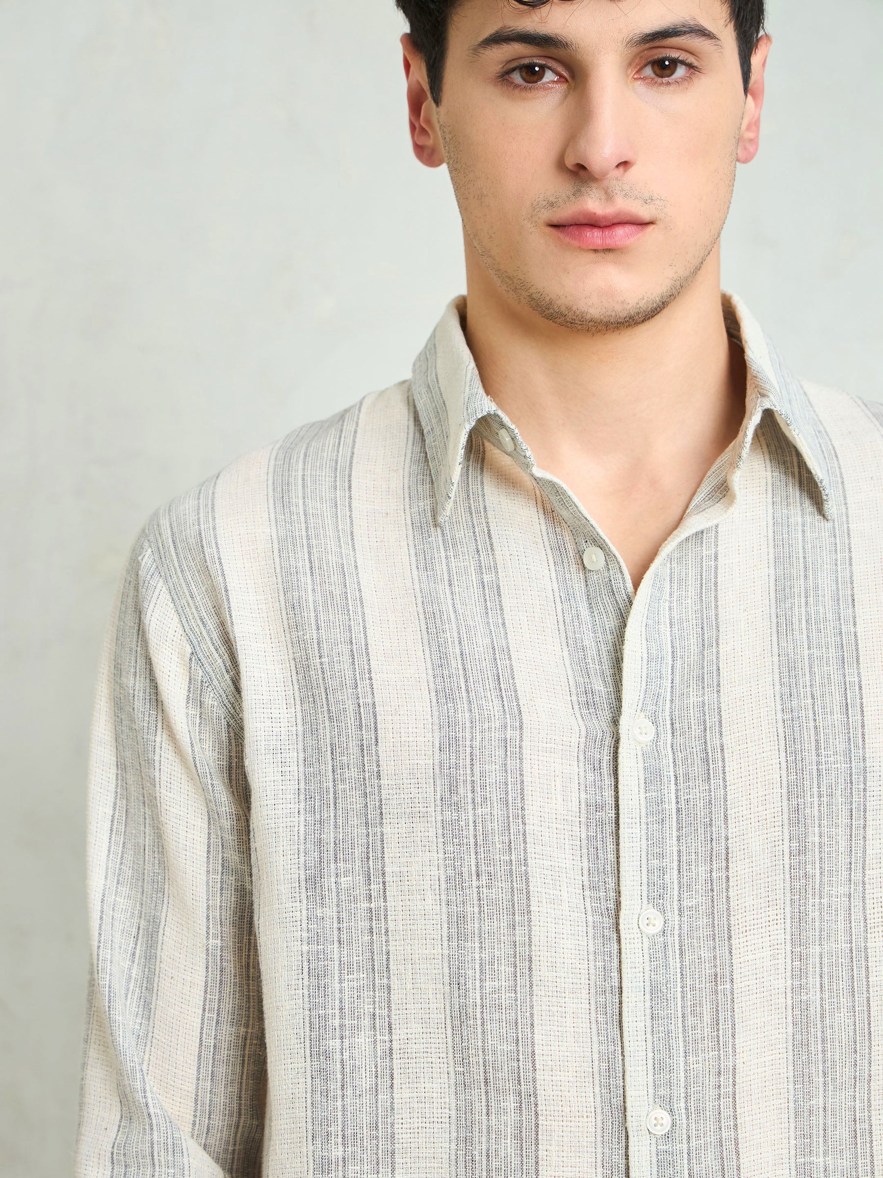 Beige & Grey Cotton Stripes Relax Fit Shirt-MASCLN SASSAFRAS