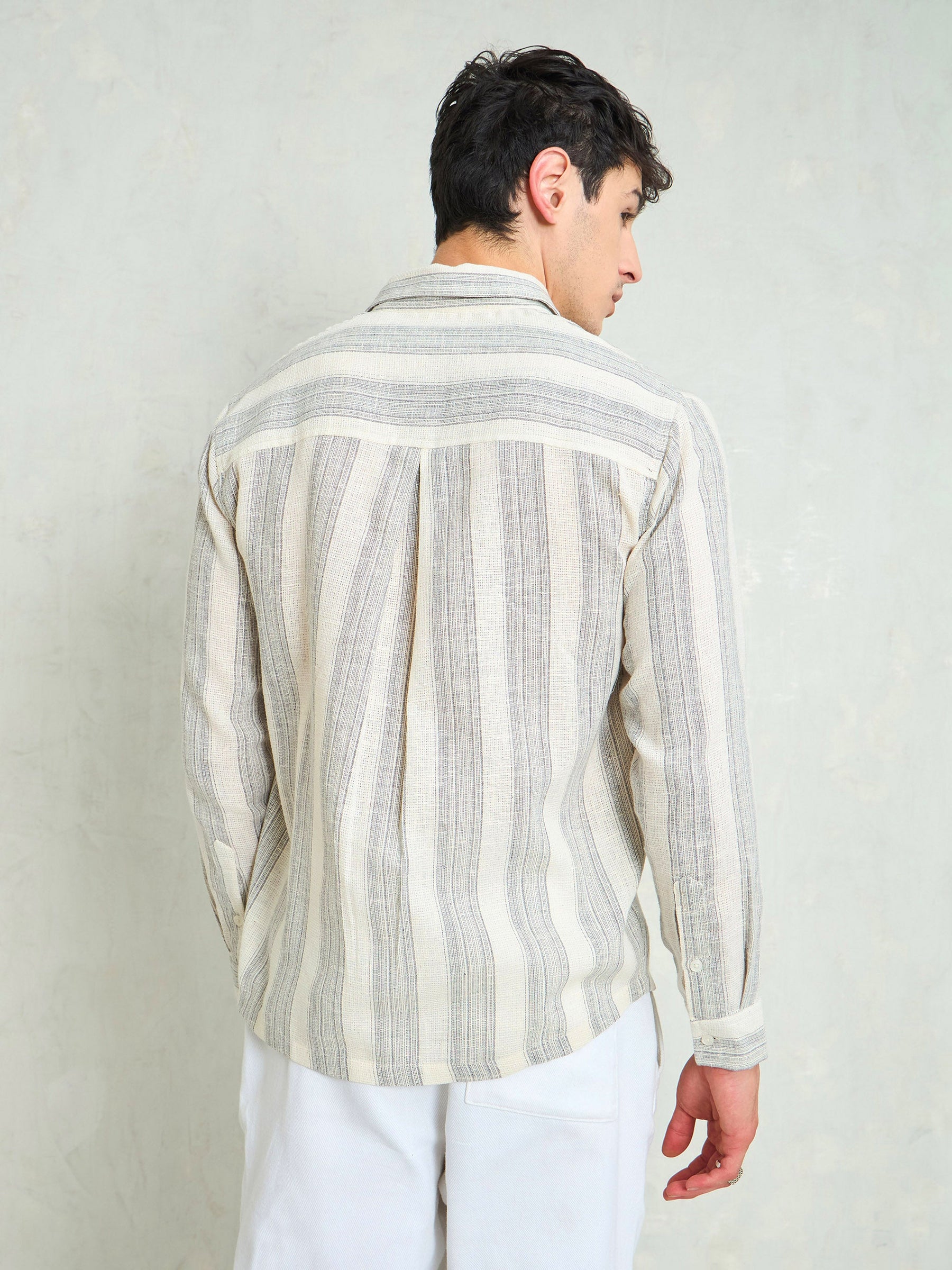 Beige & Grey Cotton Stripes Relax Fit Shirt-MASCLN SASSAFRAS