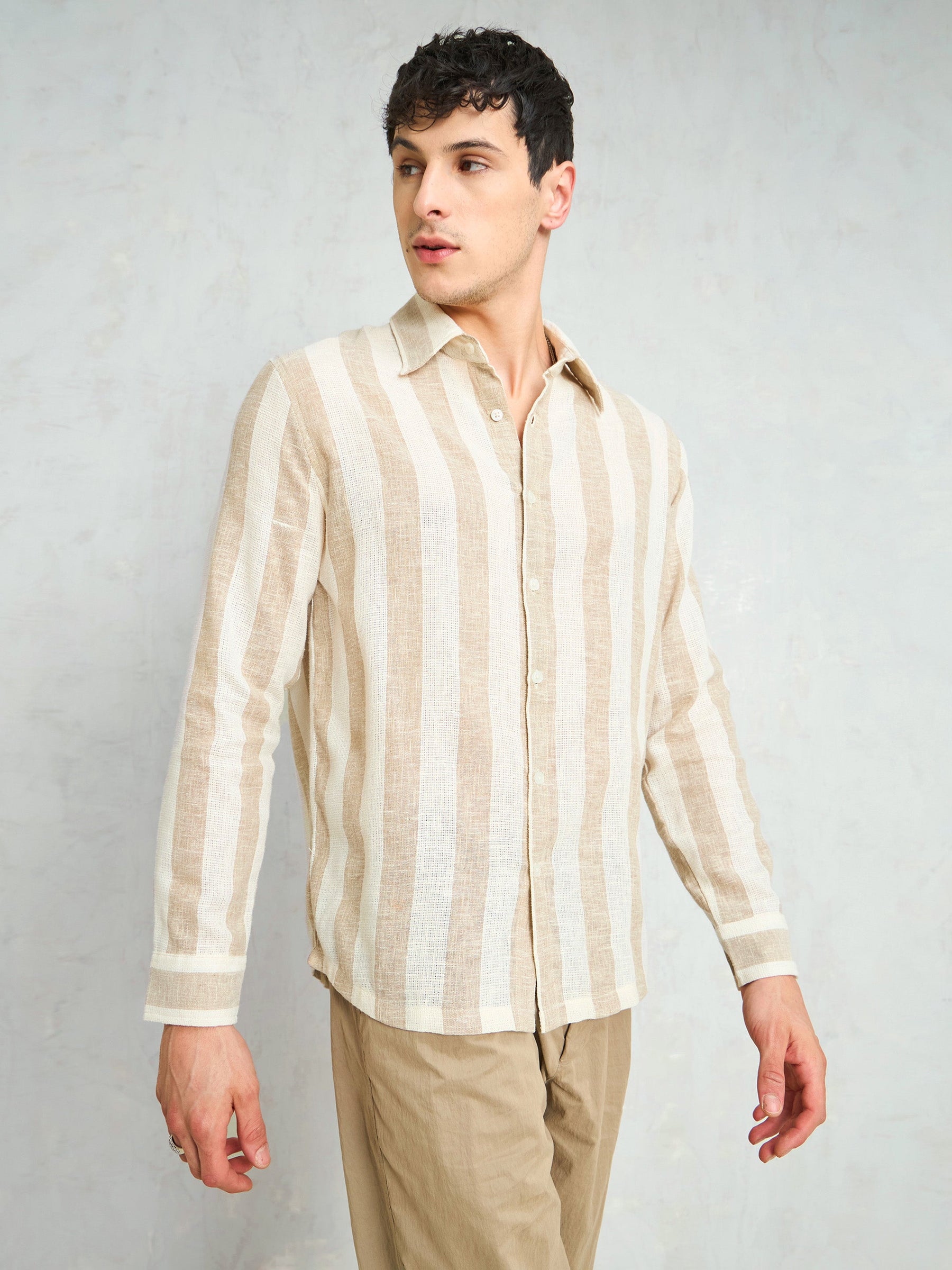 Beige & Brown Cotton Stripes Relax Fit Shirt-MASCLN SASSAFRAS