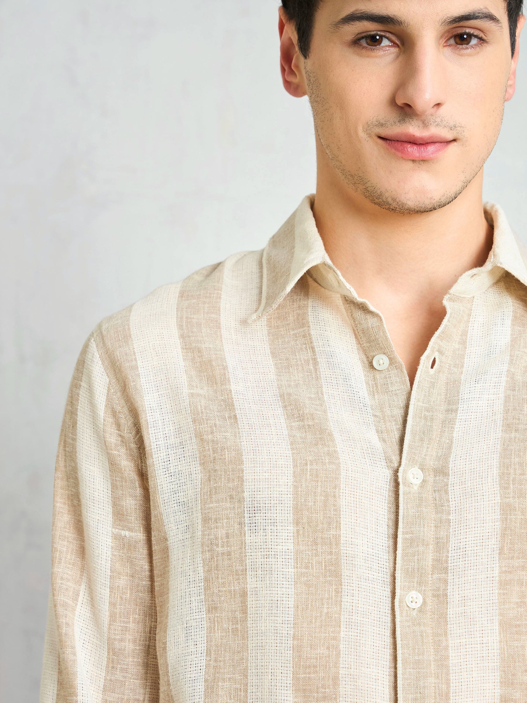 Beige & Brown Cotton Stripes Relax Fit Shirt-MASCLN SASSAFRAS