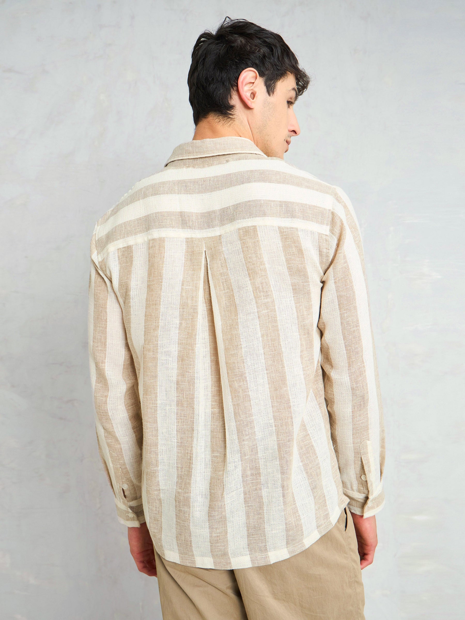 Beige & Brown Cotton Stripes Relax Fit Shirt-MASCLN SASSAFRAS