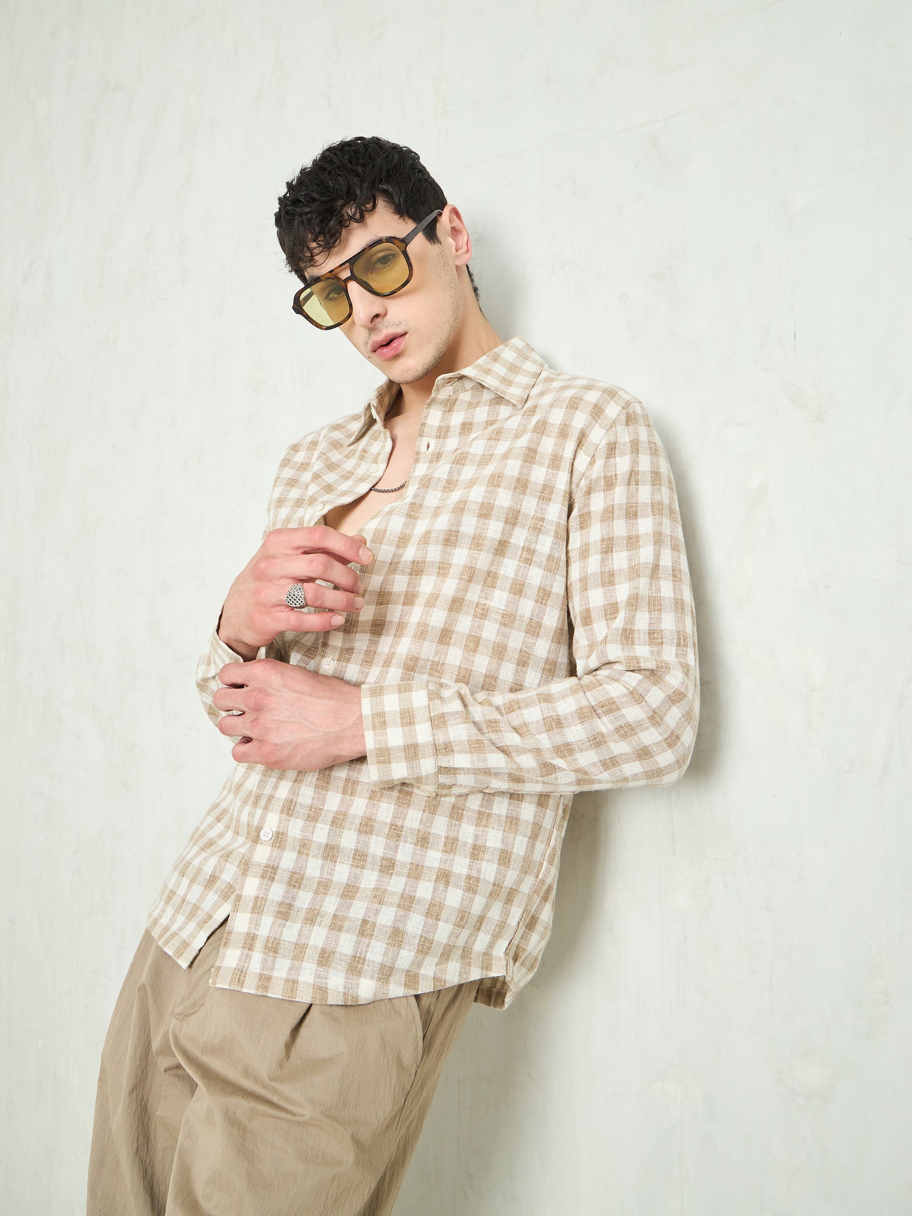 Beige & Brown Cotton Check Relax Fit Shirt-MASCLN SASSAFRAS