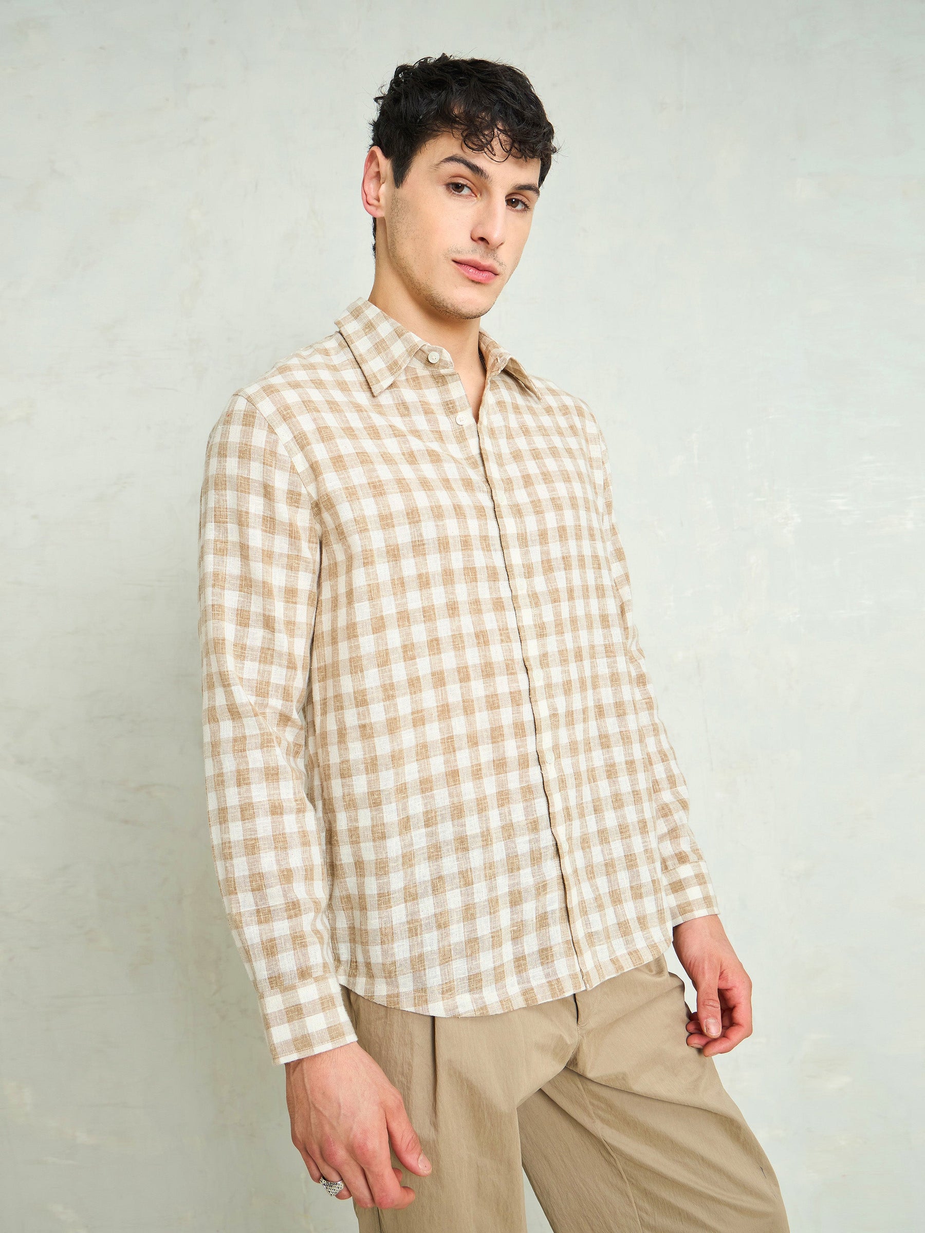 Beige & Brown Cotton Check Relax Fit Shirt-MASCLN SASSAFRAS