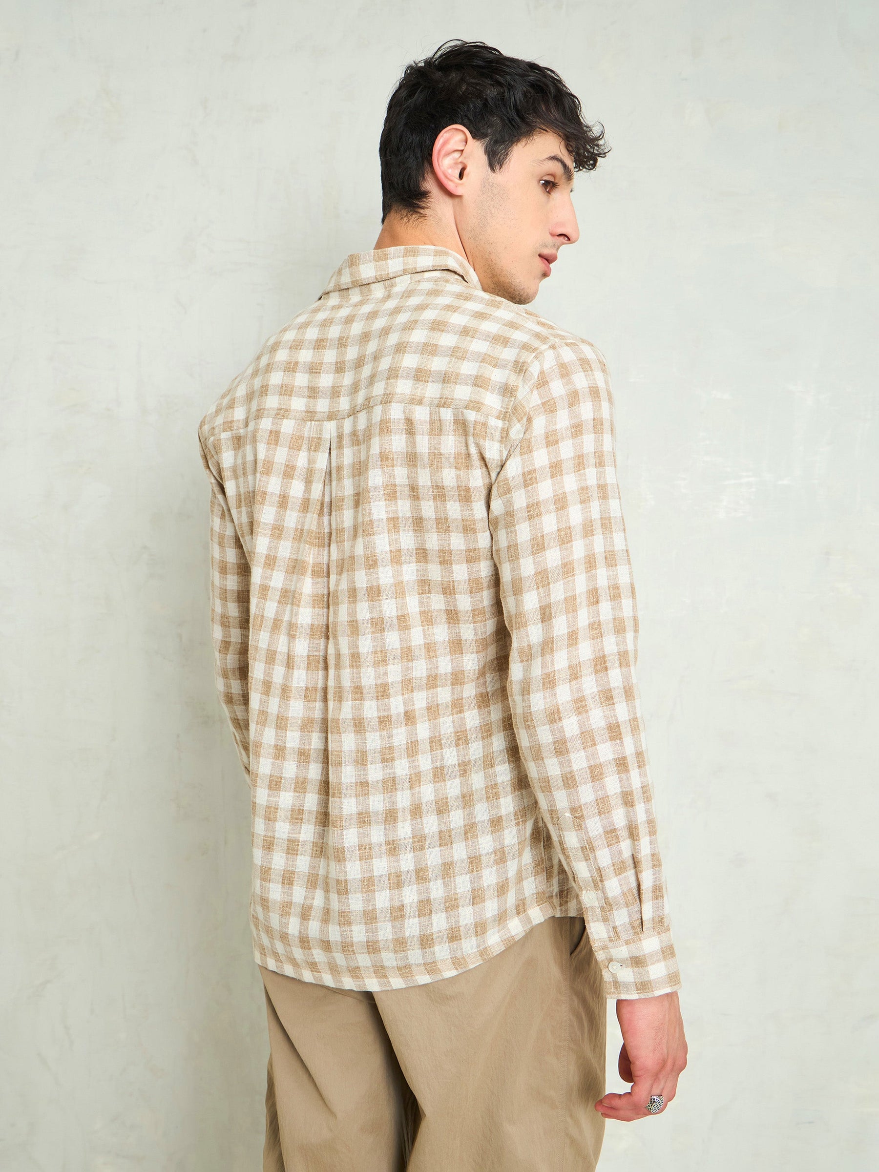 Beige & Brown Cotton Check Relax Fit Shirt-MASCLN SASSAFRAS
